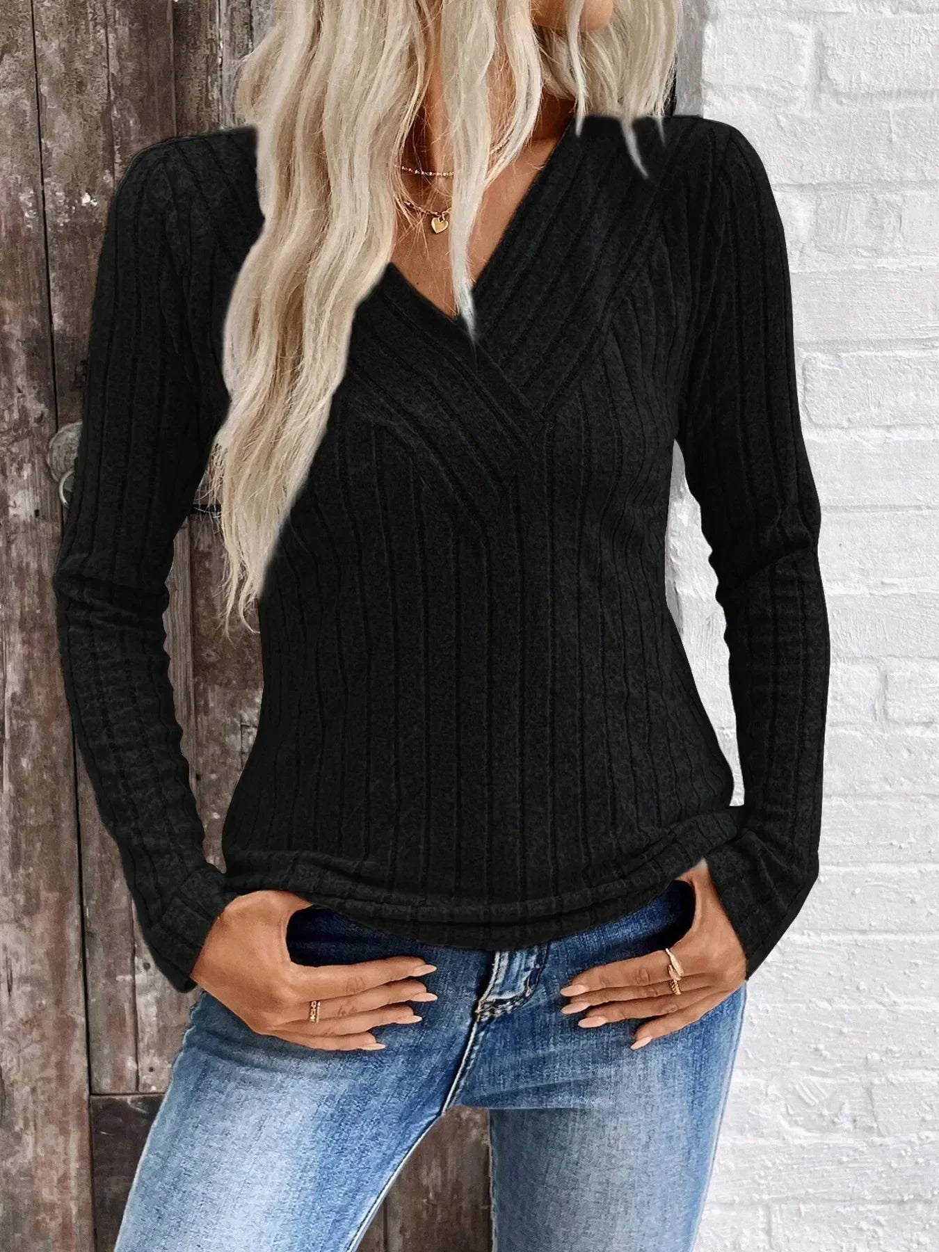 Ribbed V-Neck Long Sleeve Knit T-Shirt - Southern Shores Clothing