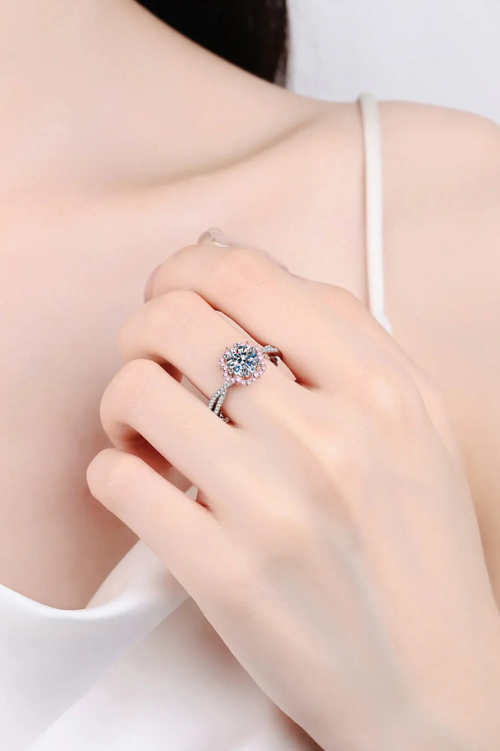 1 Carat Moissanite Flower Crisscross Ring With Pink Halo - Southern Shores Clothing