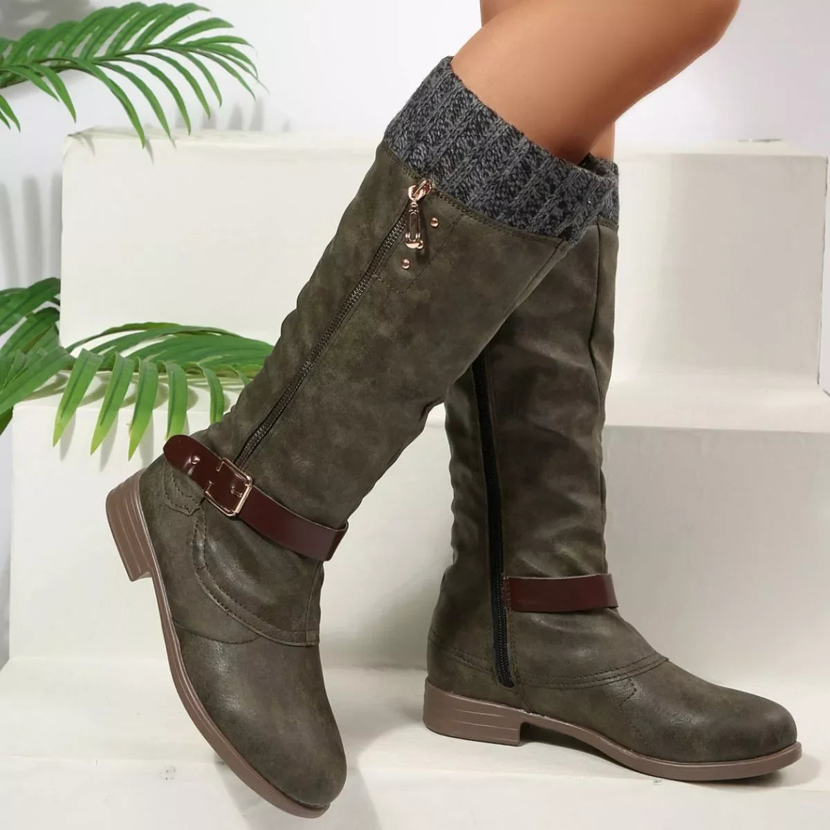 Round Toe Block Heel Boots Suede Rubber Casual