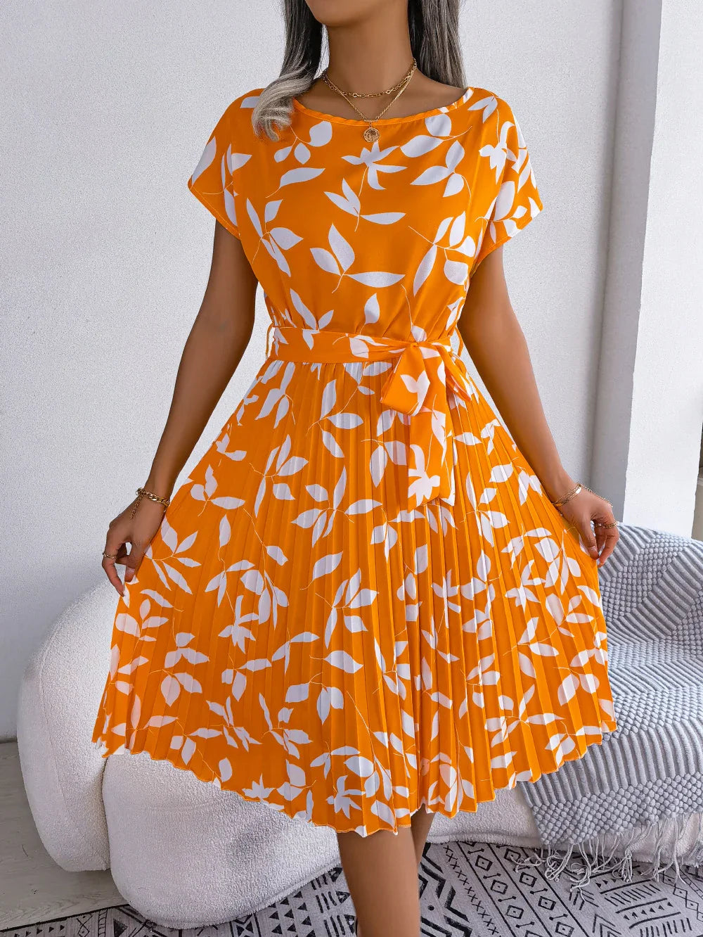 Printed Round Neck Short Sleeve Pleated Dress - Southern Shores Clothing
