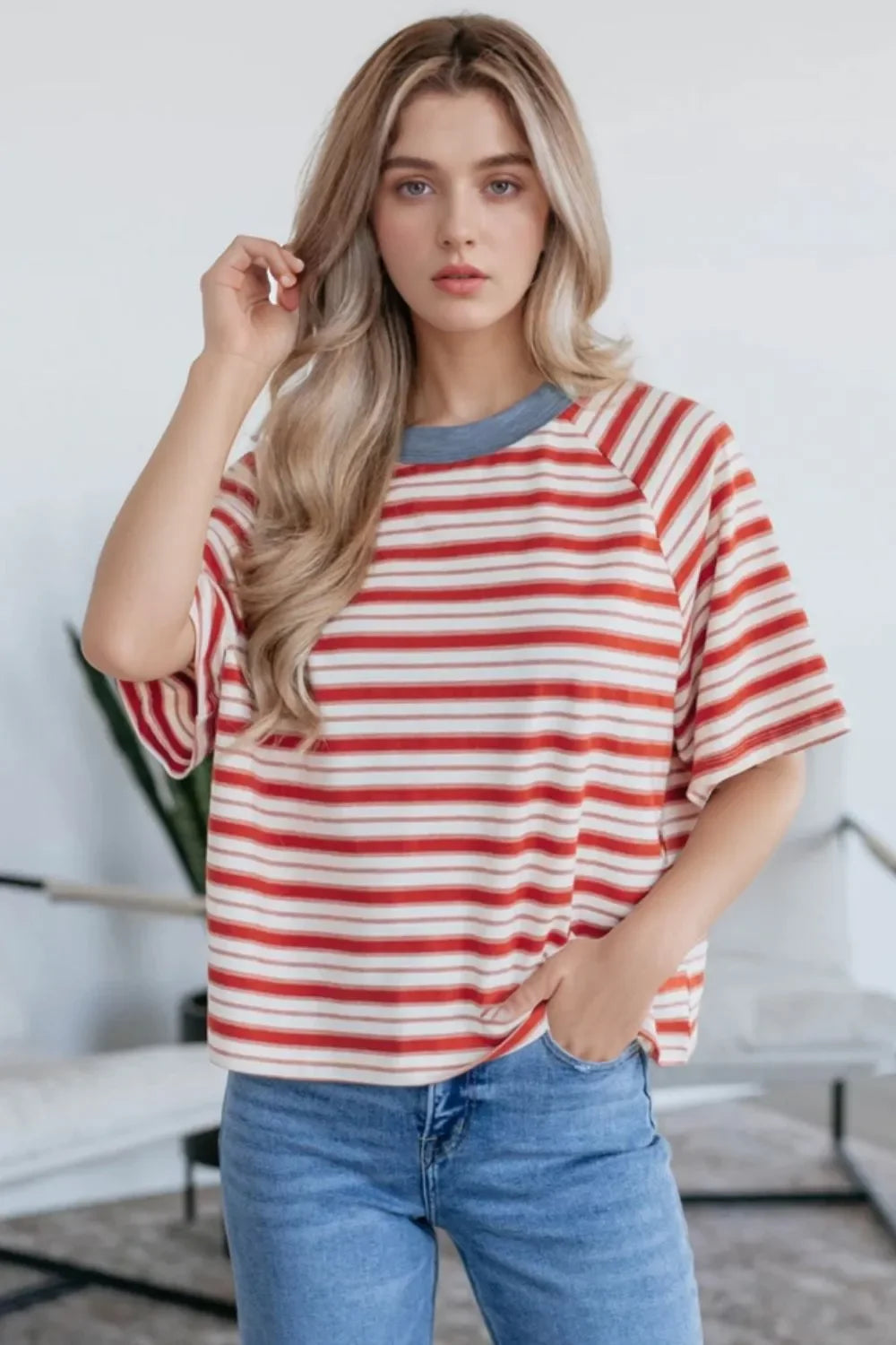 Stripe Print Contrast Collar Raglan Sleeve T Shirt - Southern Shores Clothing
