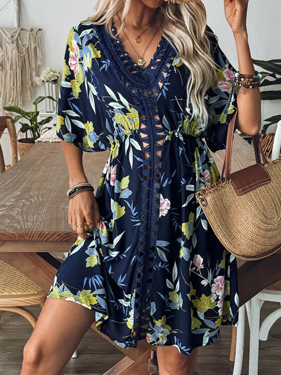 Crochet V-Neck Printed Beach Cover-Up One Size - Southern Shores Clothing