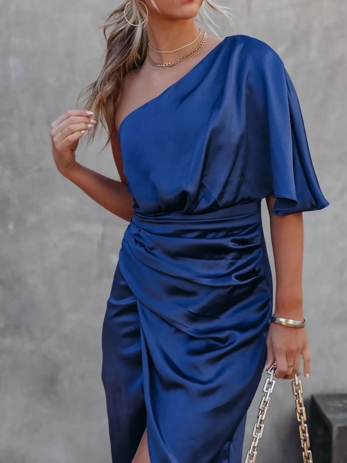 One-Shoulder Satin Wrap Dress With Side Slit - Southern Shores Clothing