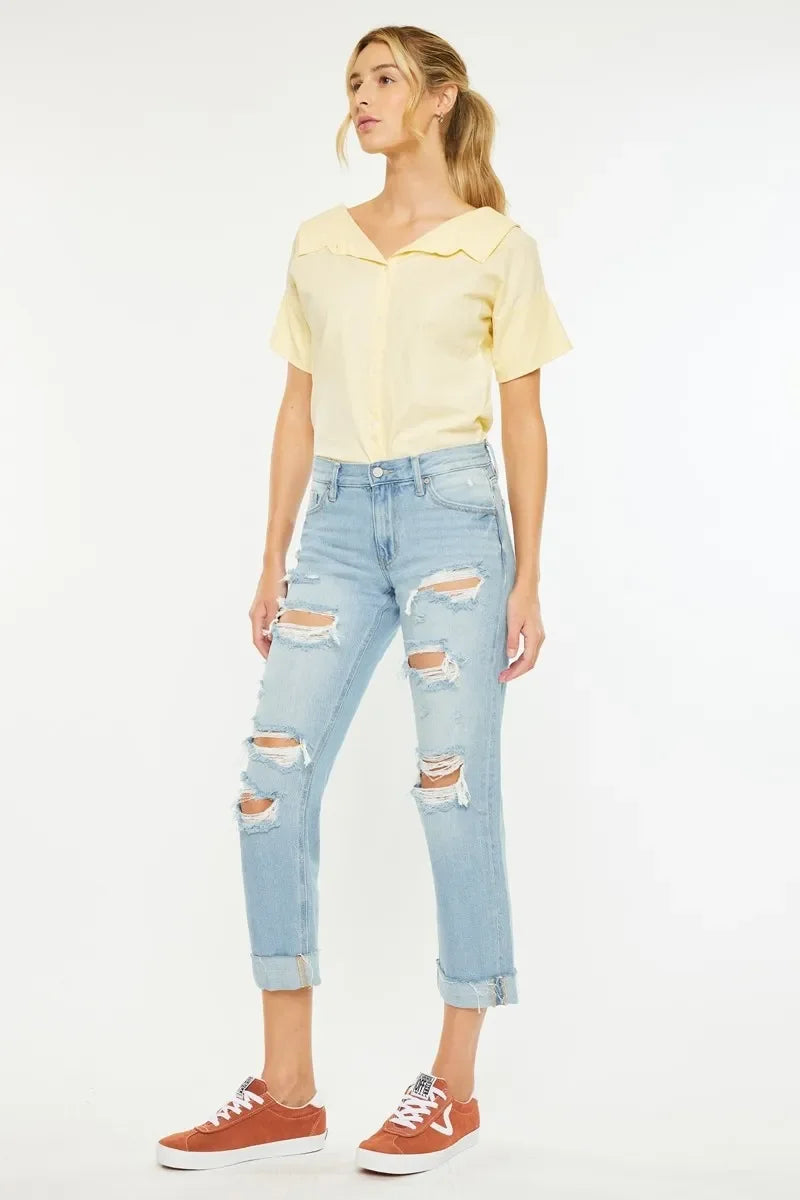 Coastal Distressed Mid Rise Relaxed Boyfriend Jeans