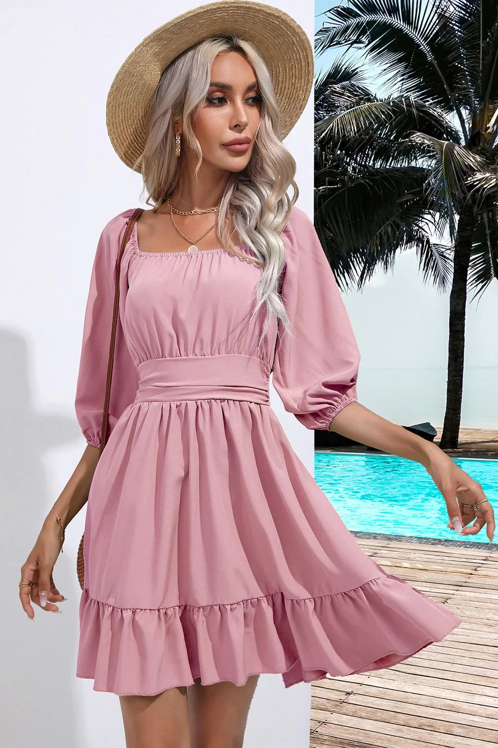 Square Neck Tie Back Ruffle Hem Dress Coastal Casual - Southern Shores Clothing