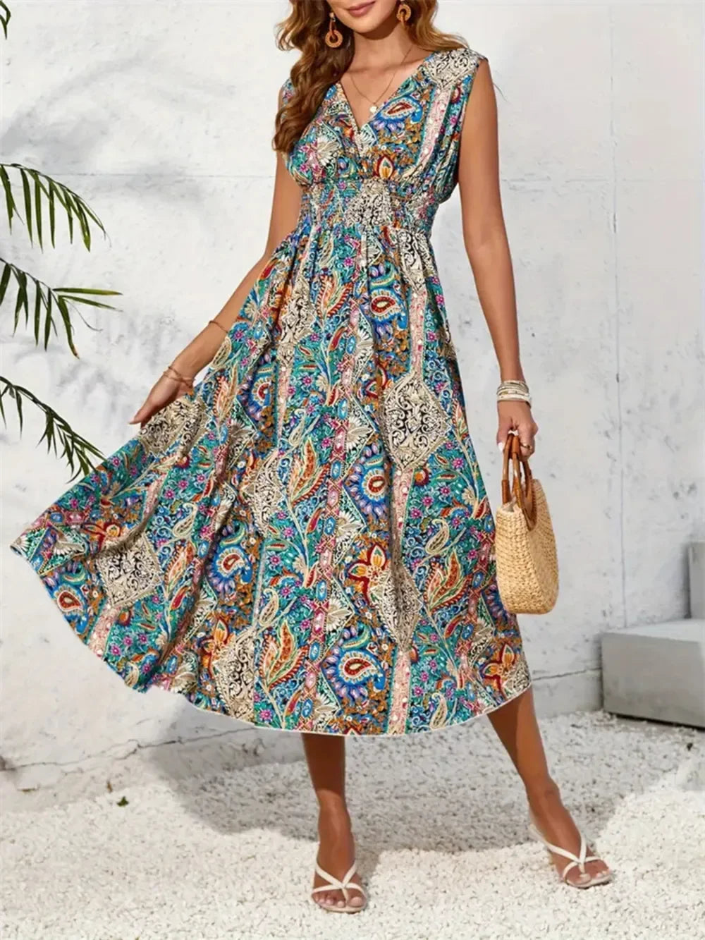 Smocked Printed Surplice Sleeveless Midi Dress Boho Style - Southern Shores Clothing