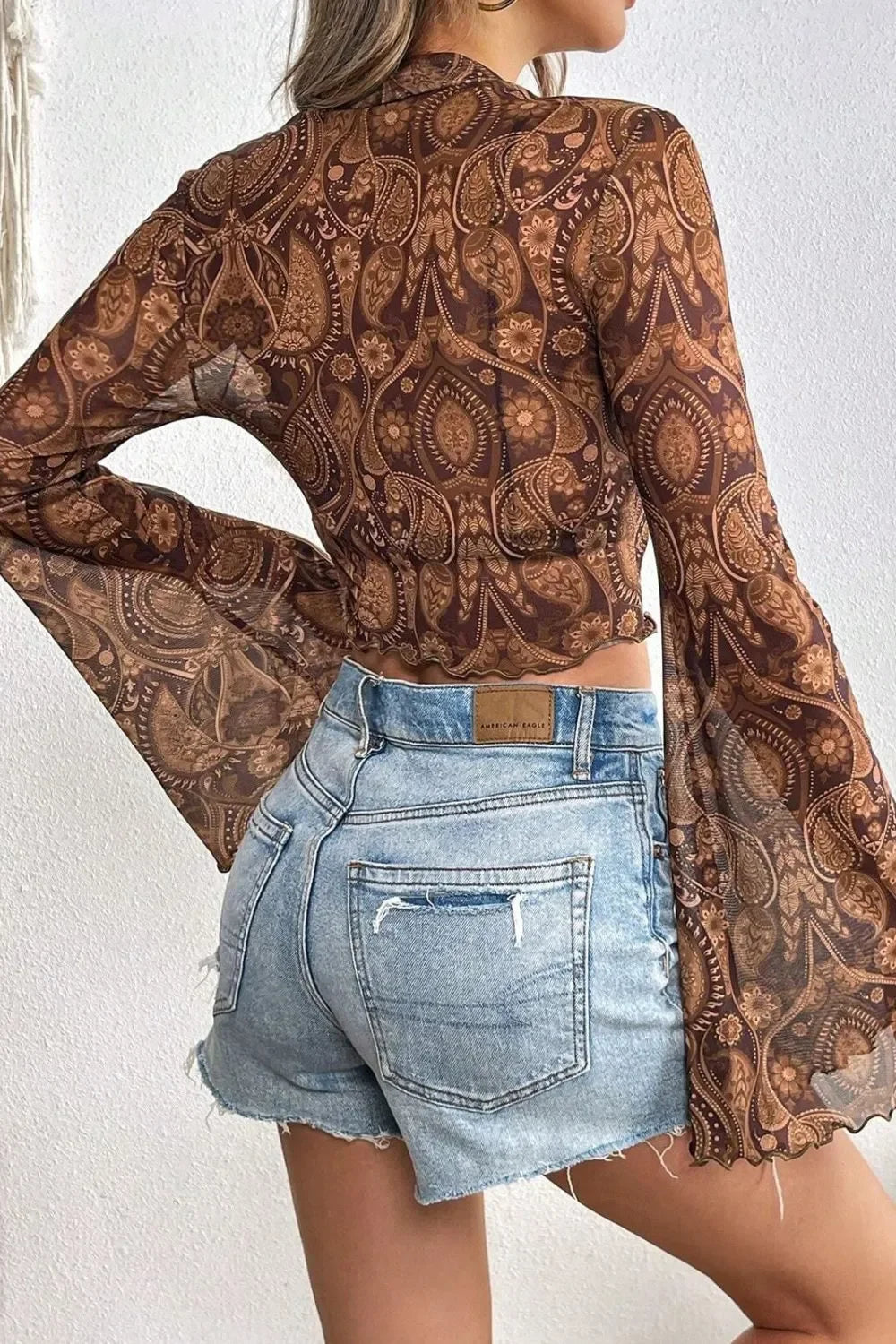 Boho Allover Paisley Print Sheer Mock Neck Flare Sleeve Top - Southern Shores Clothing