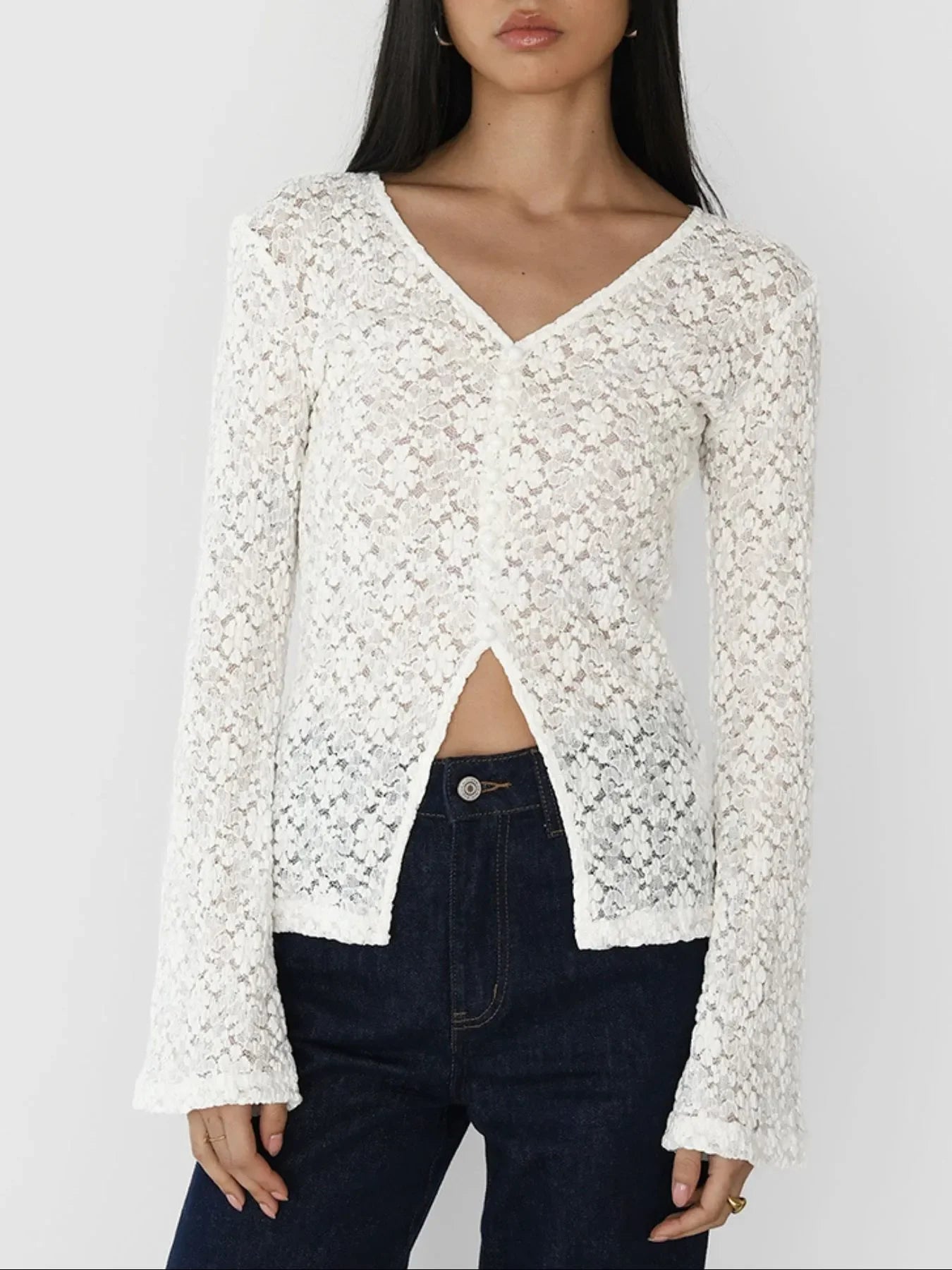 Lace V-Neck Flare Sleeve Buttoned Slit T Shirt - Southern Shores Clothing