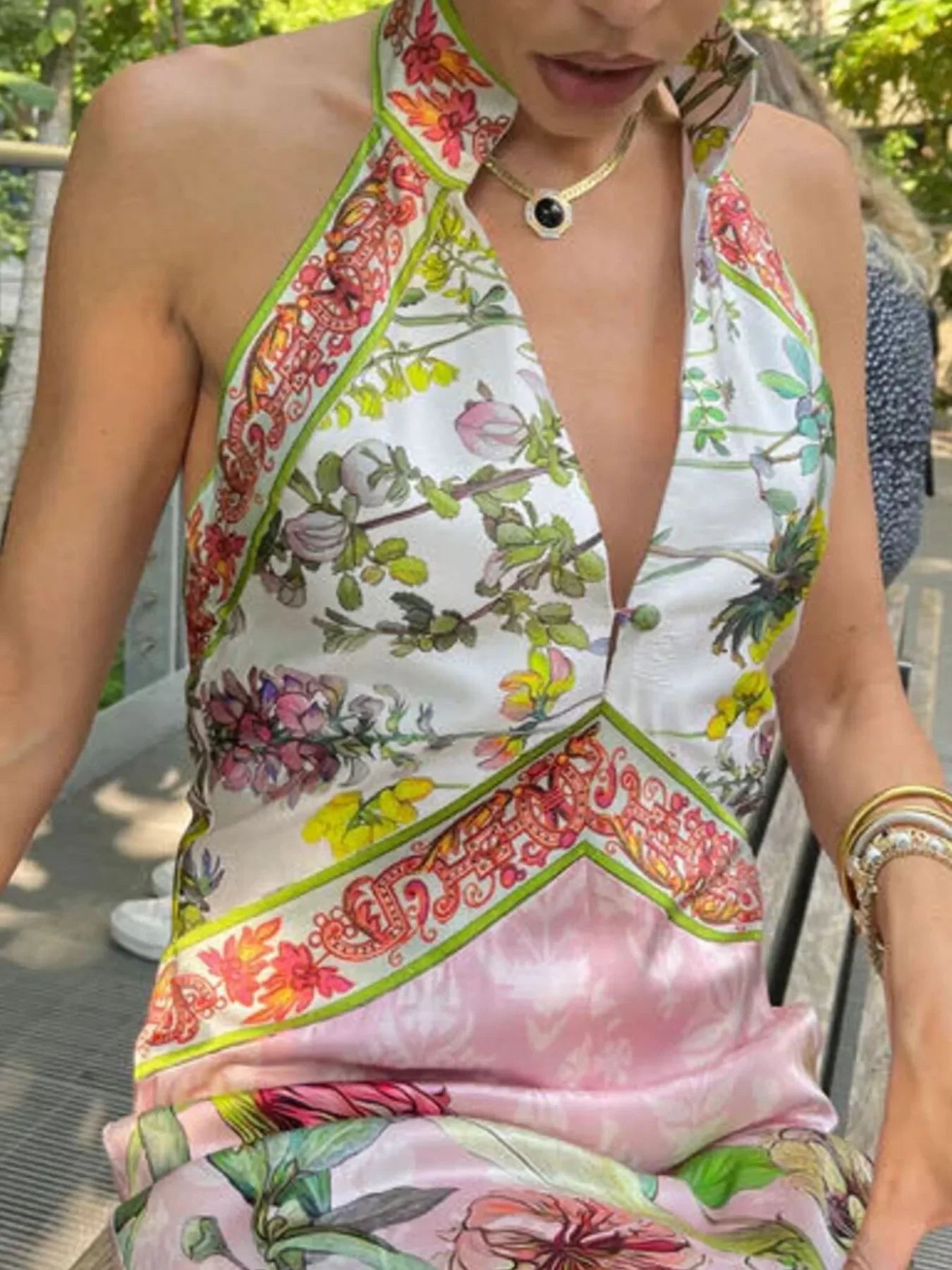 Printed Halter Neckline Backless Maxi Seagrass Dress - Southern Shores Clothing