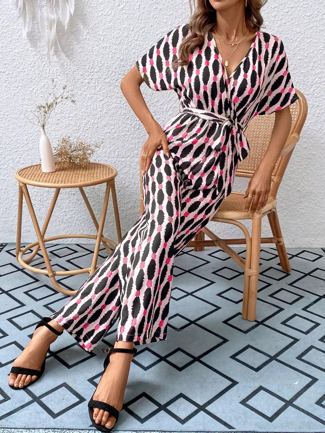 Printed Surplice Tie Waist Short Sleeve Jumpsuit - Southern Shores Clothing