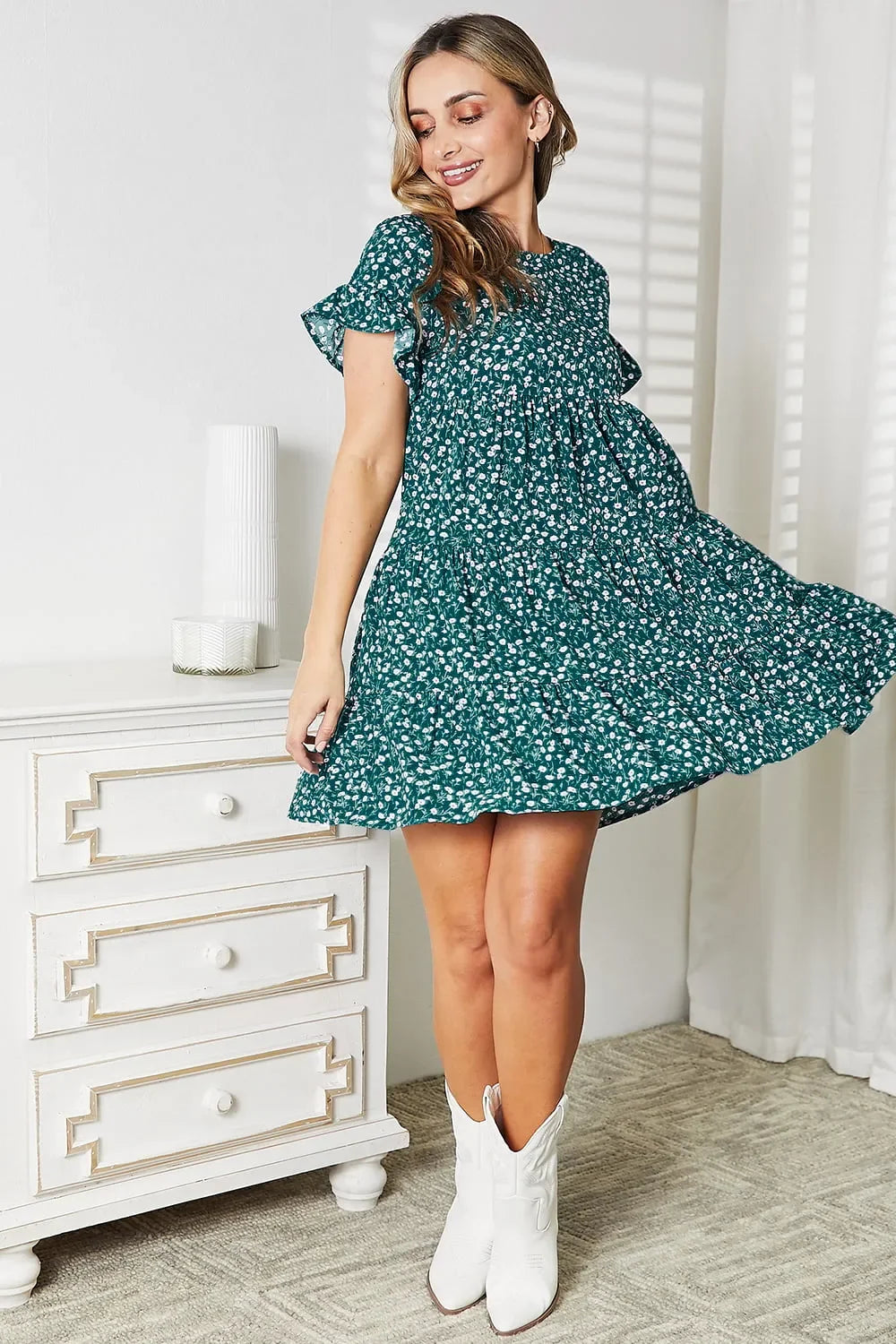 Short Flounce Sleeve Tiered Dress Boho Silhouette - Southern Shores Clothing