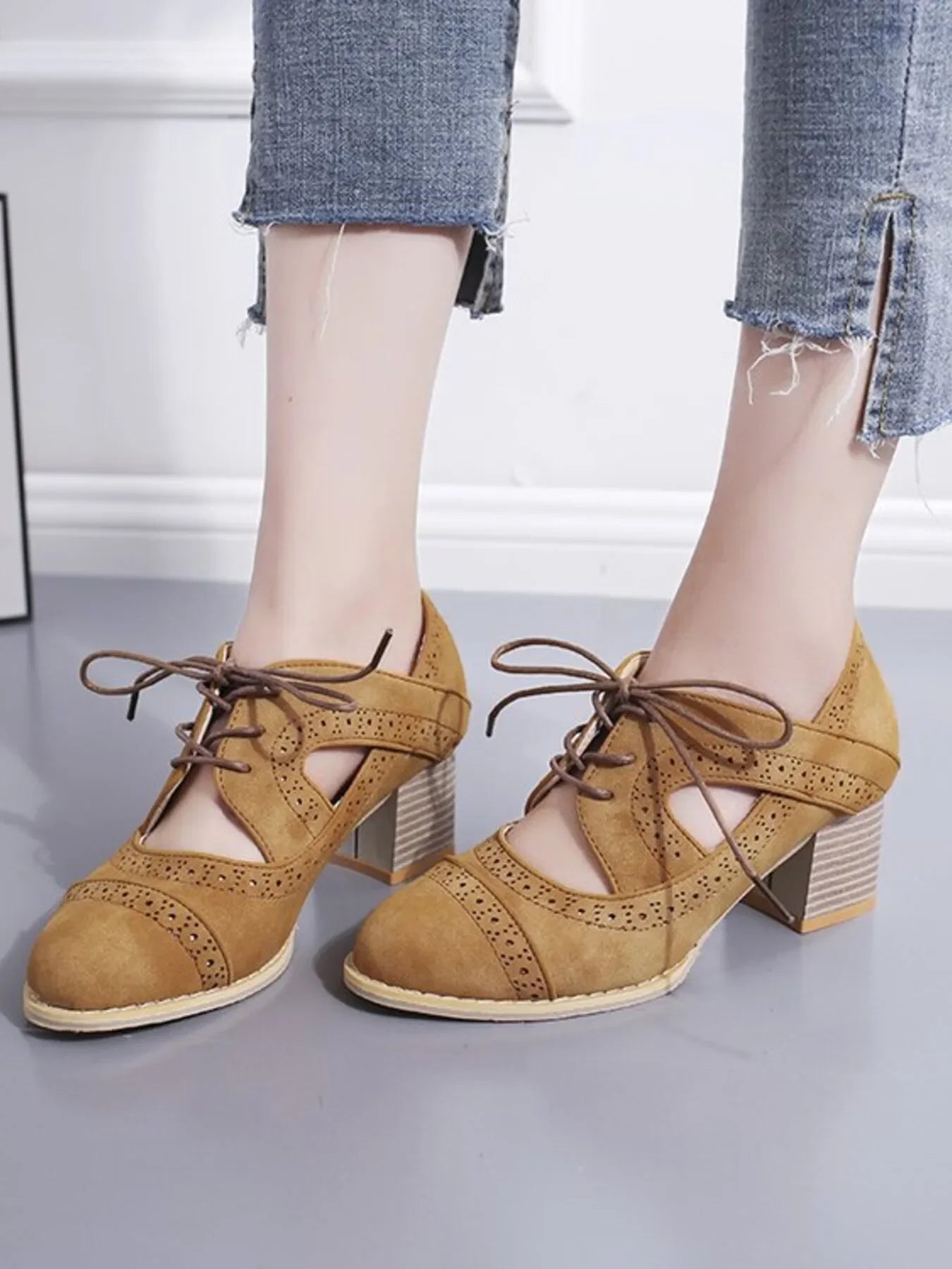 Lace-Up Block Heel Pumps Low Heel Dressy - Southern Shores Clothing