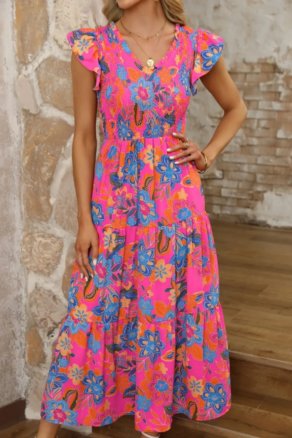 Boho Floral V-Neck Ruffle Tiered Flutter Sleeve Maxi Dress - Southern Shores Clothing