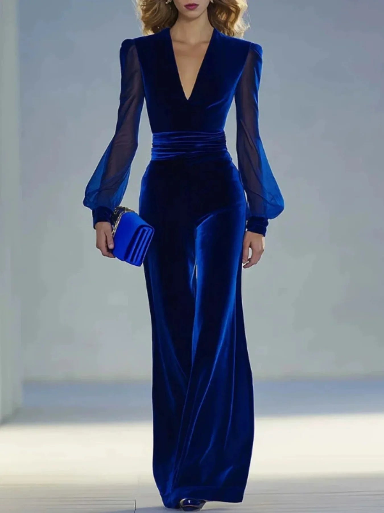 Velvet Wide Leg Jumpsuit With Sheer Sleeves - Southern Shores Clothing