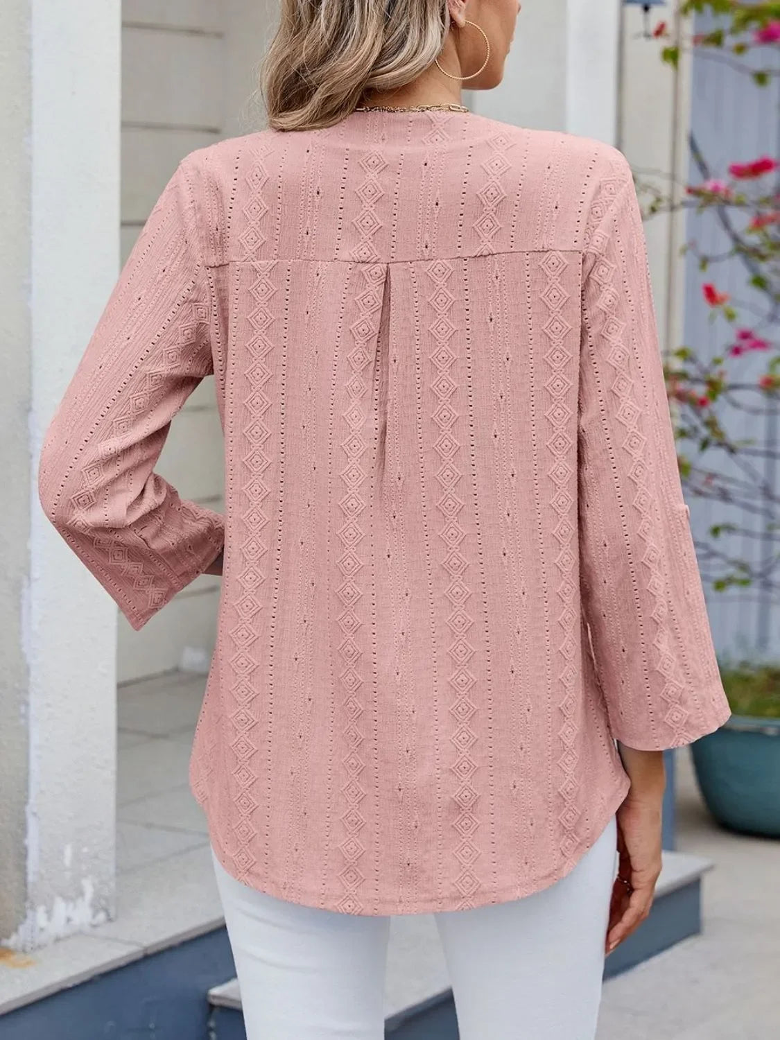 Eyelet Notched Roll-Tab Sleeve Top For Everyday Casual Wear - Southern Shores Clothing