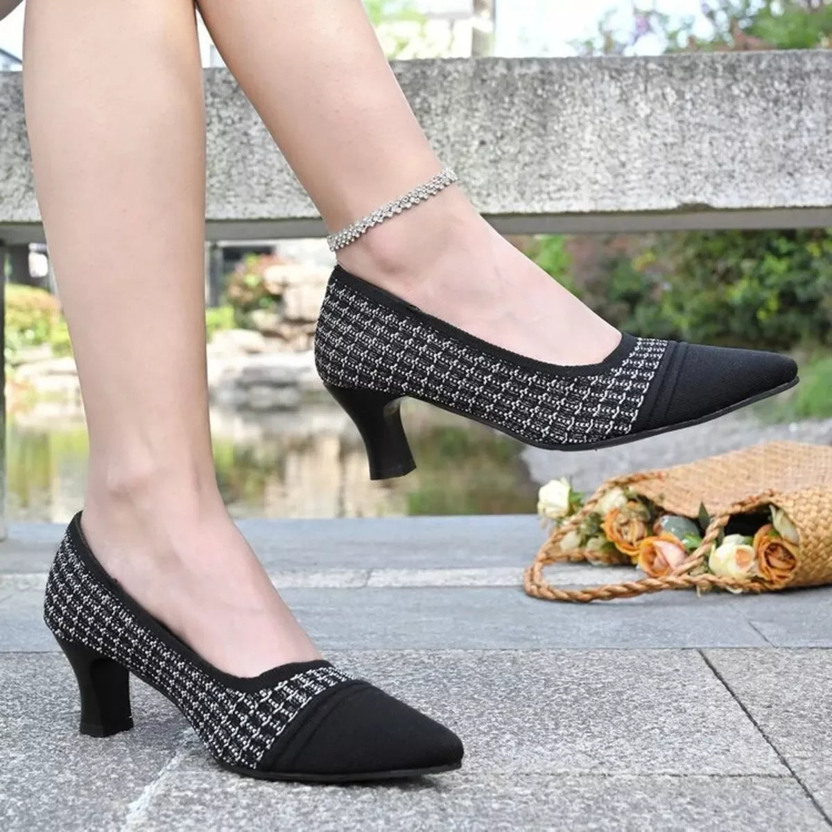 Point Toe Block Heel Pumps With Mesh Leather And Rubber - Southern Shores Clothing