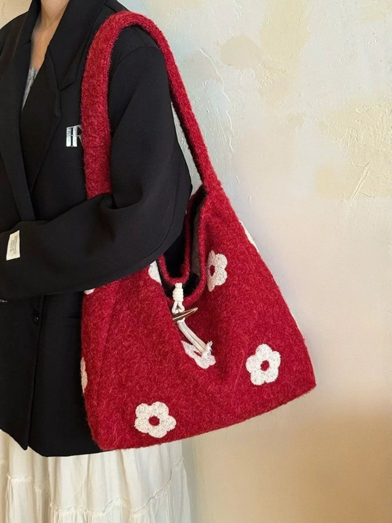 Floral Fuzzy Knit Tote Bag With Plush Finish - Southern Shores Clothing