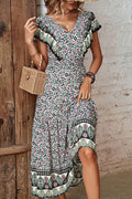 Ditsy Floral Ruffled Plunge Midi Casual Dress - Southern Shores Clothing
