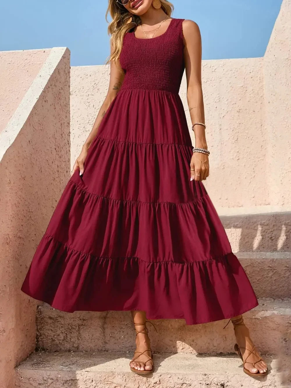Tiered Smocked Wide Strap Maxi Beach Dress - Southern Shores Clothing