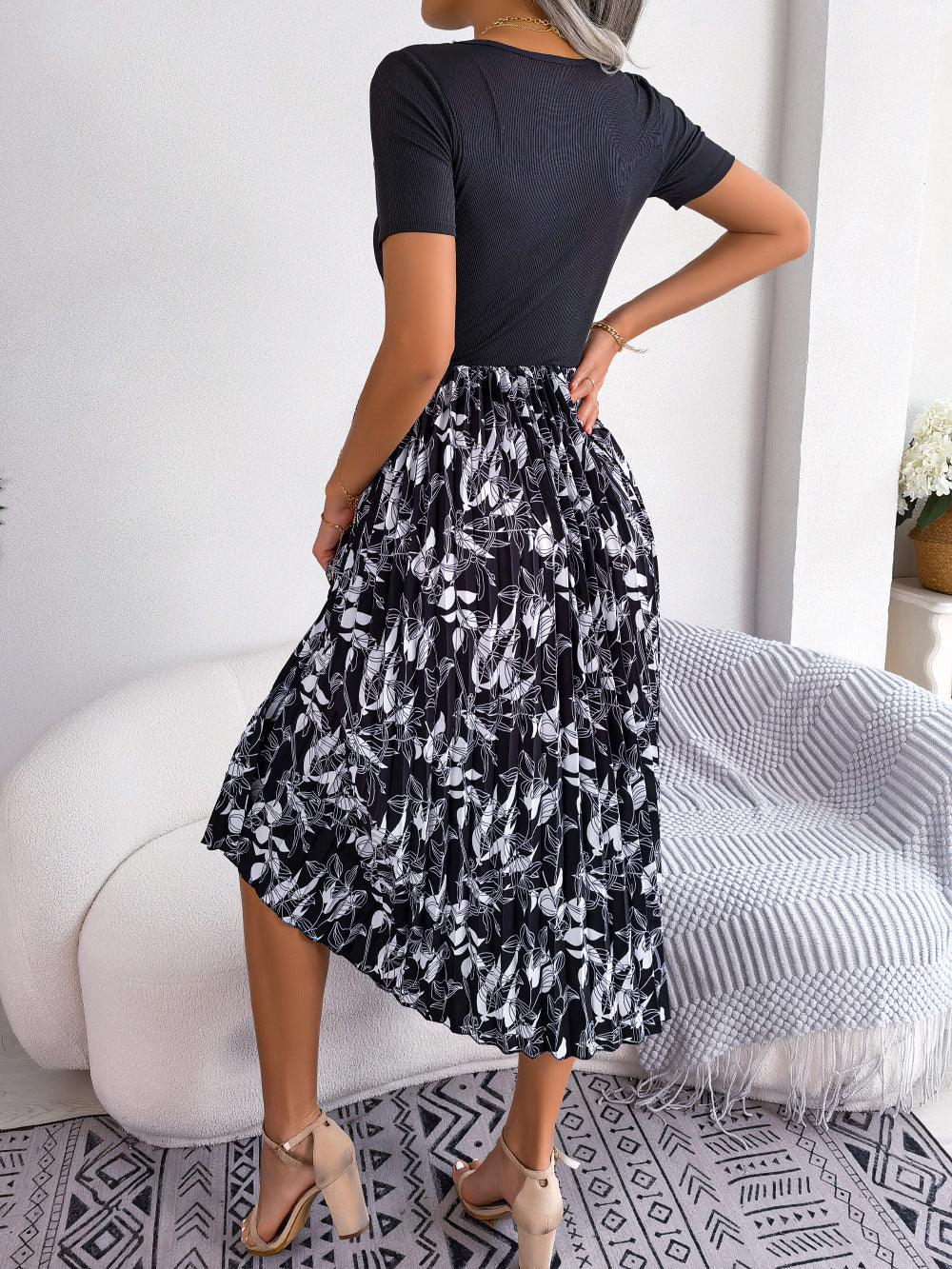 Floral Print Round Neck Pleated Midi Dress - Southern Shores Clothing