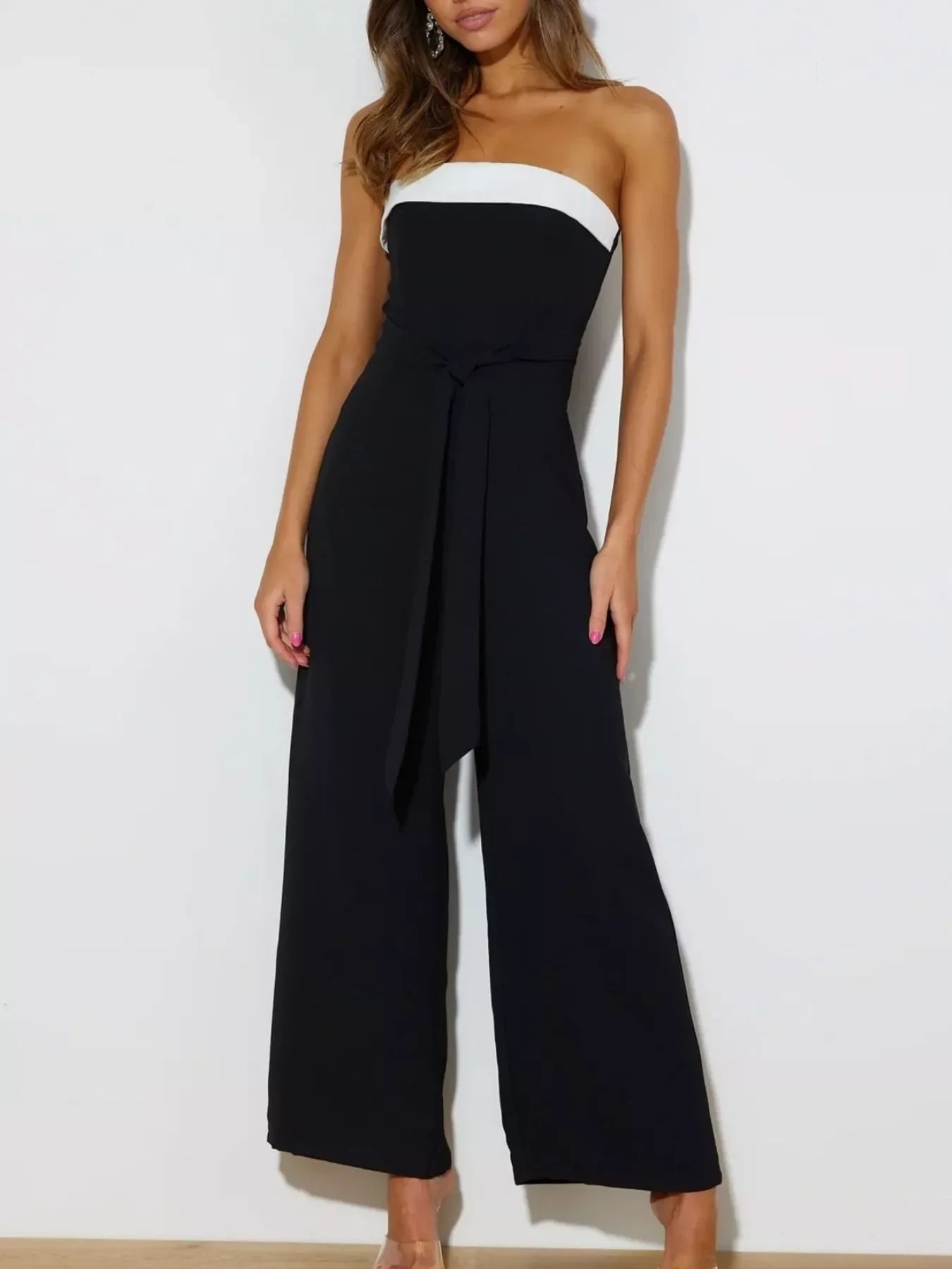 Contrast Tube Wide Leg Jumpsuit With Tie Zipper - Southern Shores Clothing