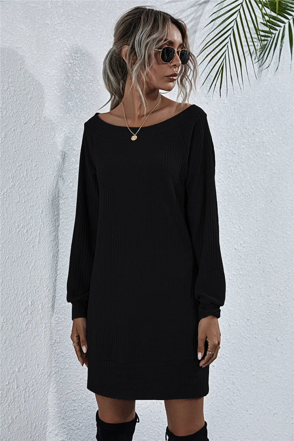 Waffle-Knit Boat Neck Mini Dress for Summer - Southern Shores Clothing