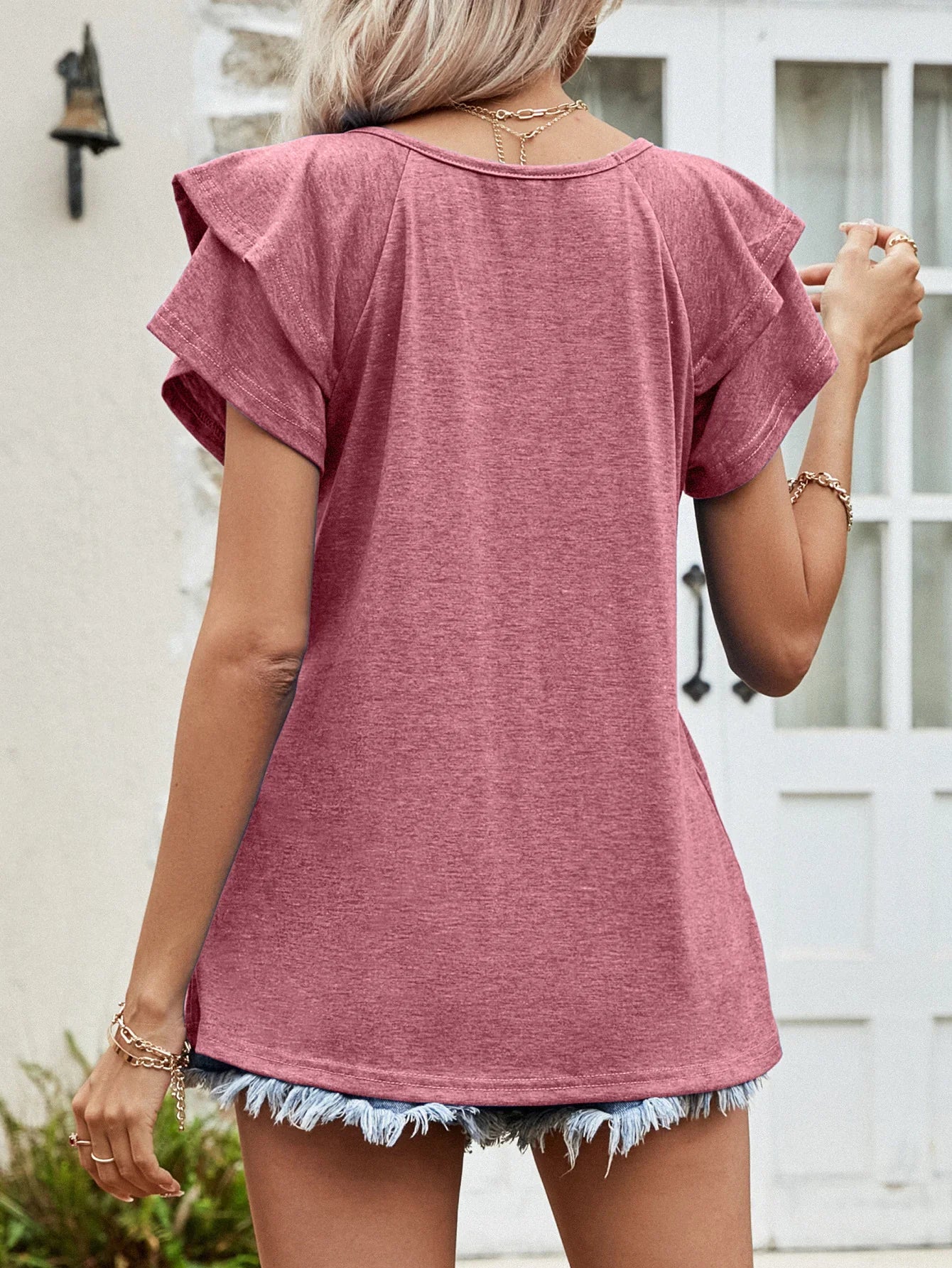 Layered Flutter Sleeve V-Neck T-Shirt Everyday Style - Southern Shores Clothing