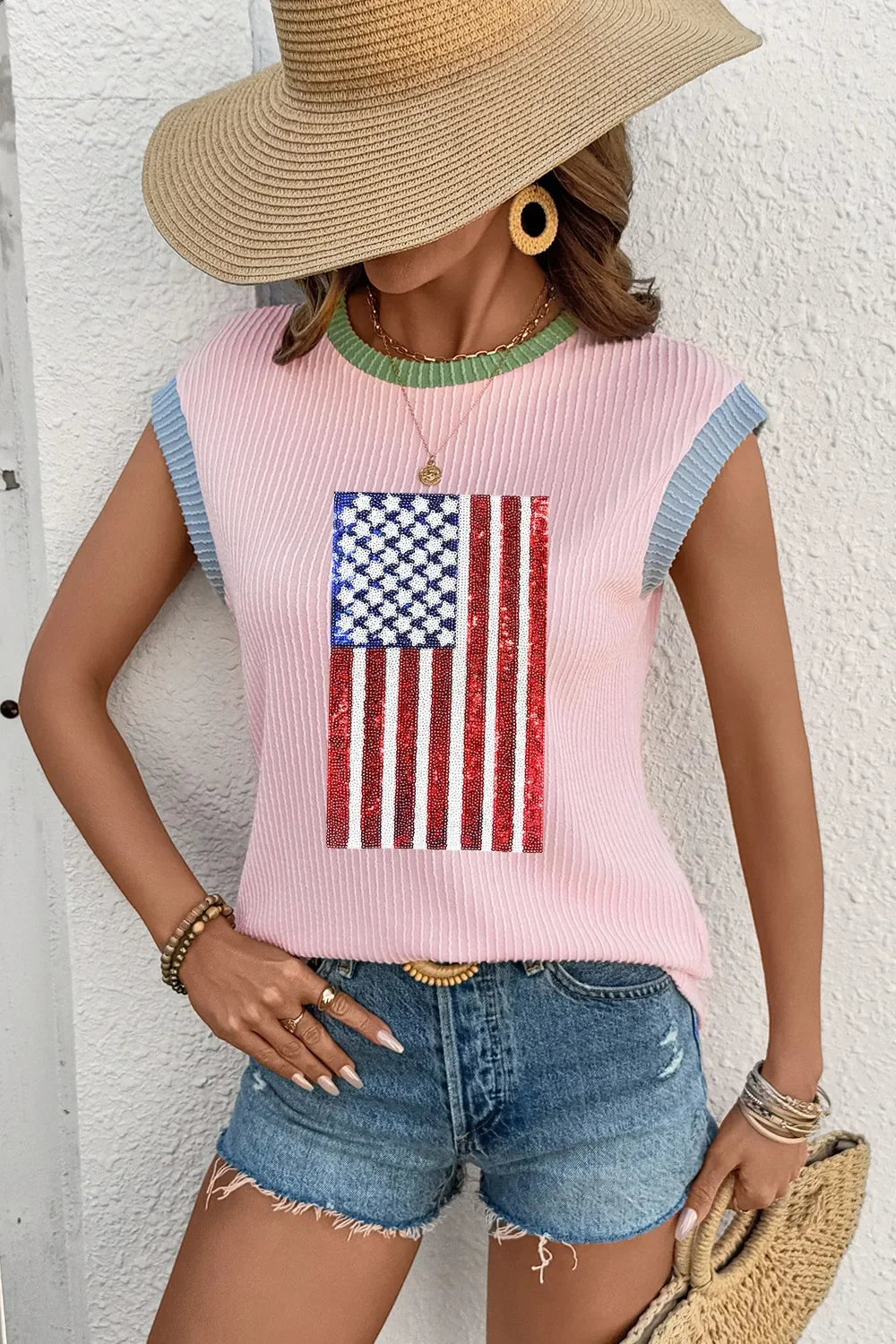 Colorblock Sequin American Flag T Shirt With Rib Texture - Southern Shores Clothing