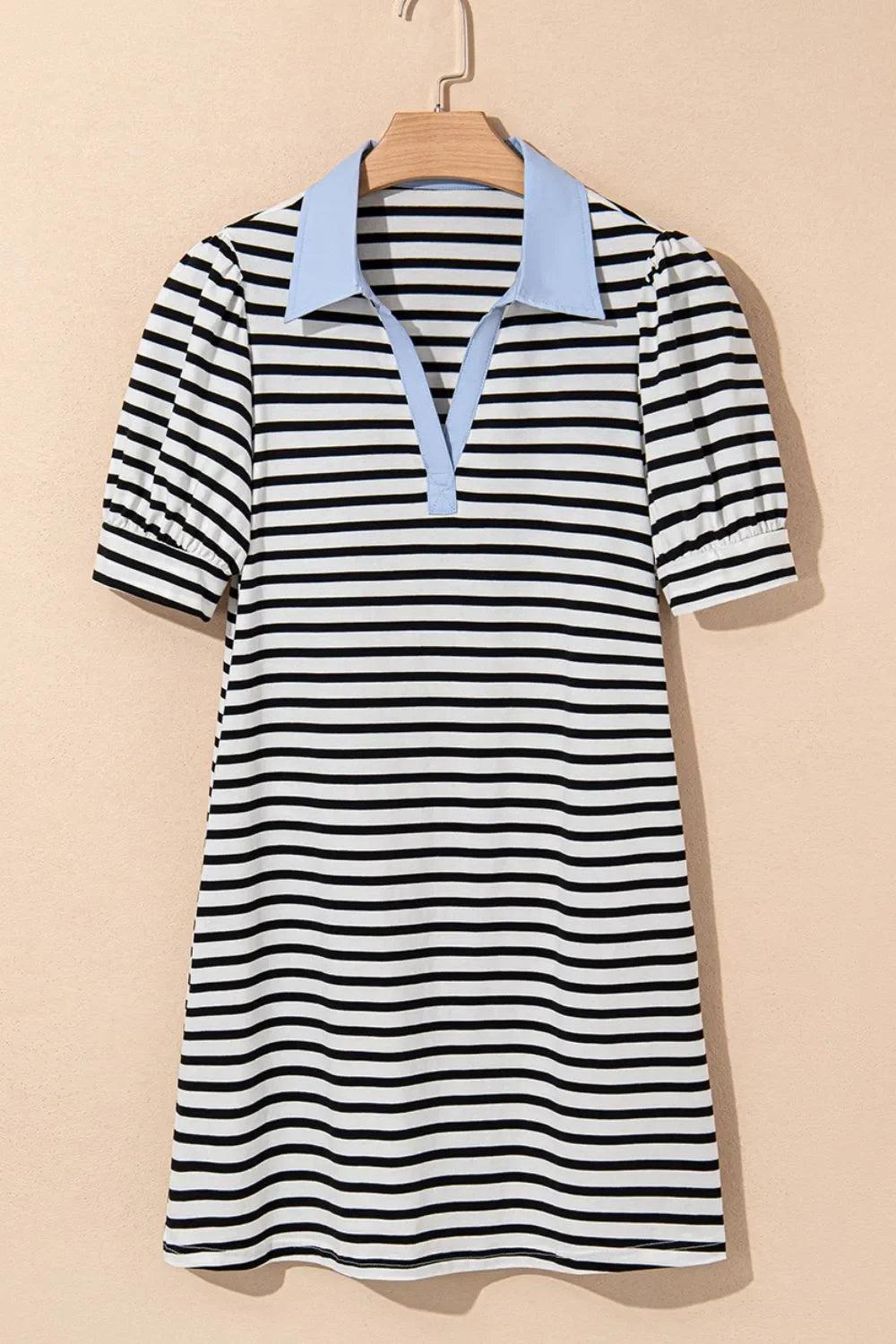 V Neck Collared Puff Sleeve Stripe Mini Dress With Pockets - Southern Shores Clothing