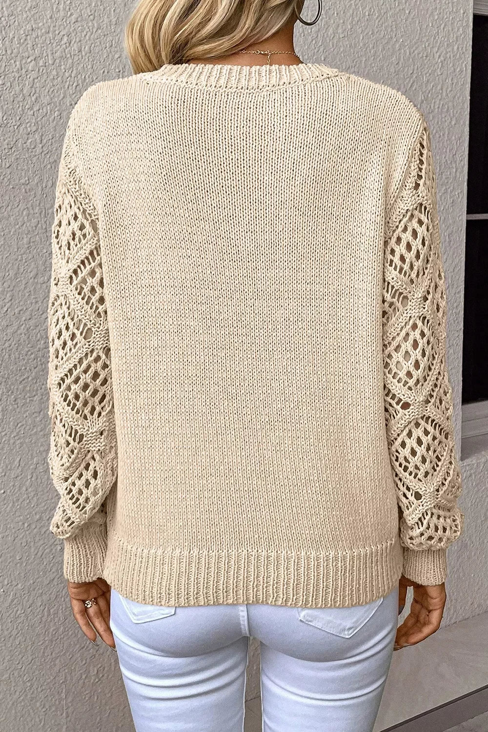 V-Neck Crochet Sleeve Knit Sweater With Openwork Details - Southern Shores Clothing
