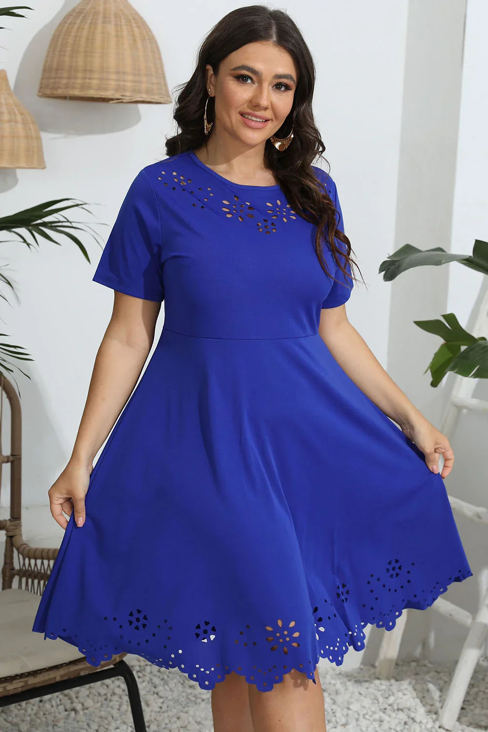 Plus Size Round Neck Openwork Dress - Southern Shores Clothing