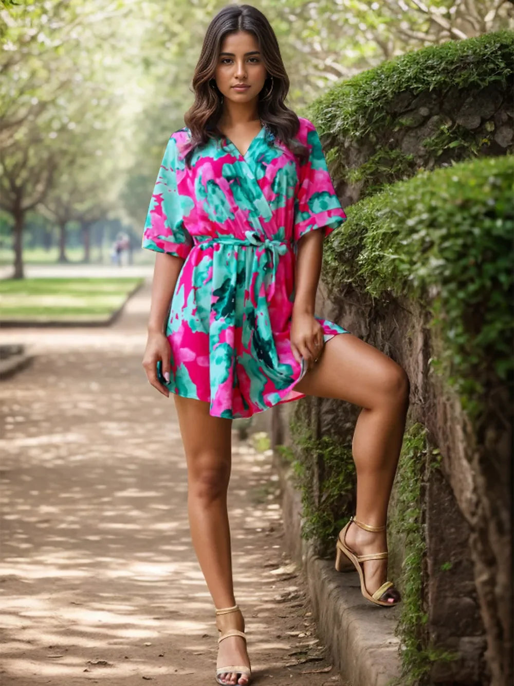 Printed Surplice Half Sleeve Romper With Tie - Southern Shores Clothing