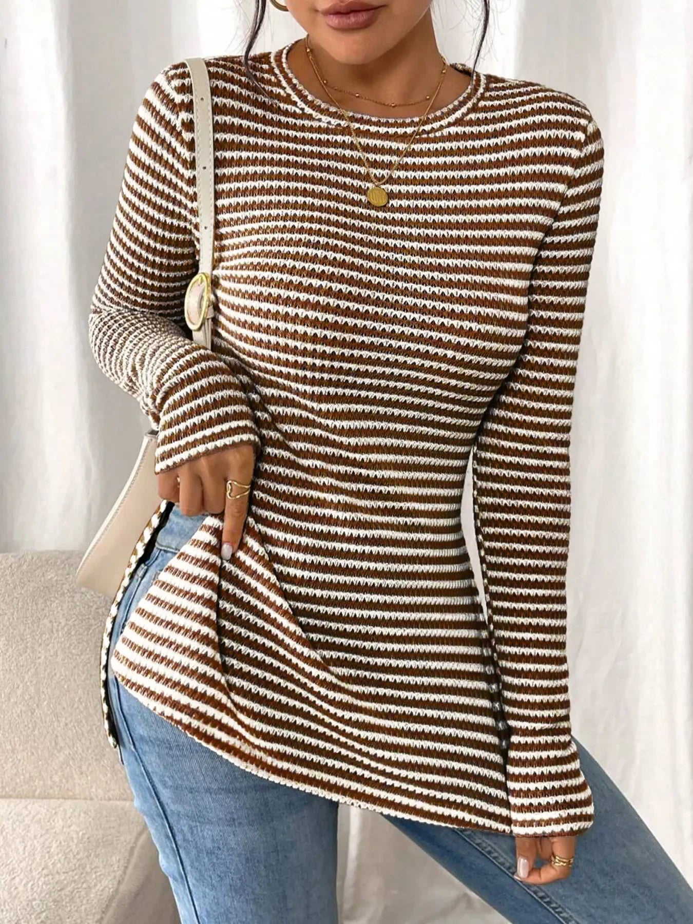 Side Slit Striped Long Sleeve T-Shirt - Southern Shores Clothing