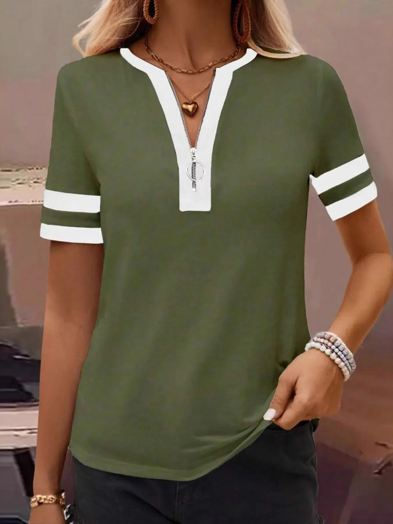 Striped Short Sleeve Stretch Half Zip T Shirt - Southern Shores Clothing