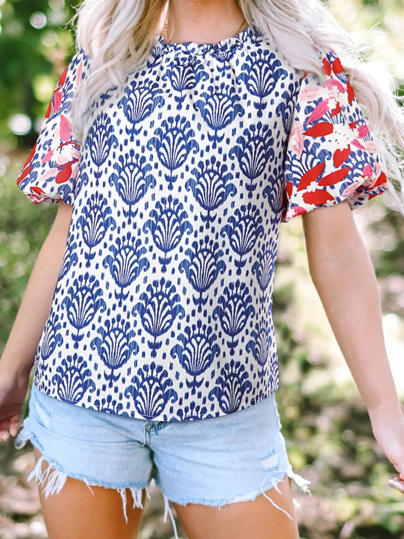 Printed Puff Sleeve Frilled Neck Blouse Top - Southern Shores Clothing