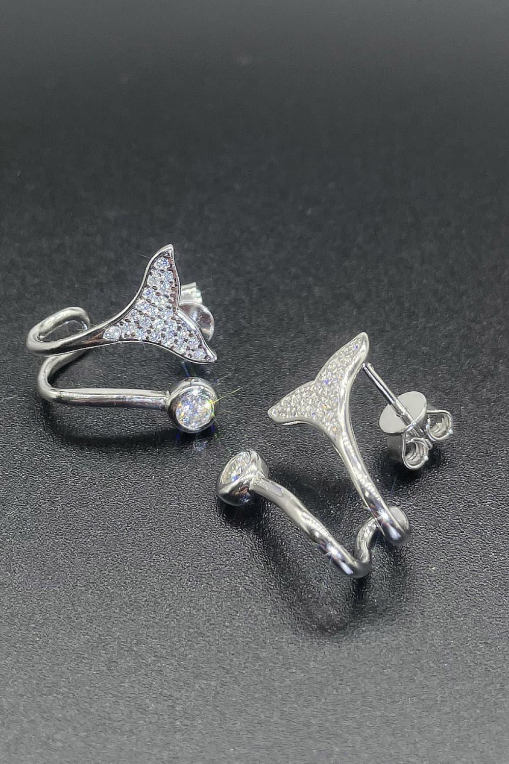 Minimalist Moissanite Fishtail Earrings Rhodium Plated