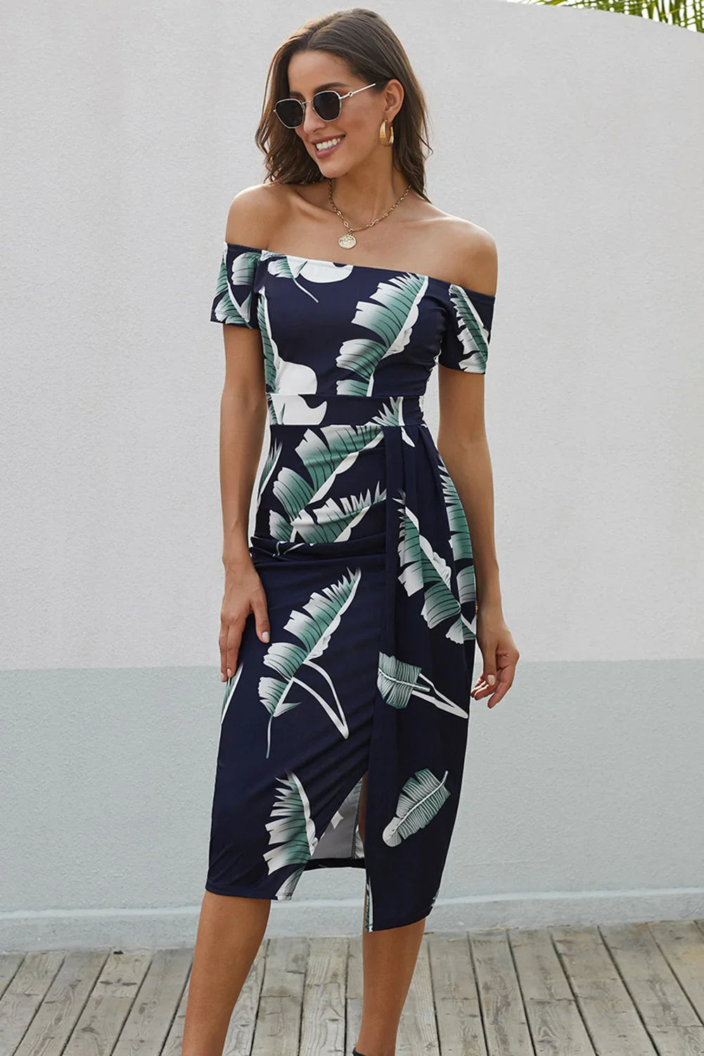 Printed Off-Shoulder Split Dress - Southern Shores Clothing