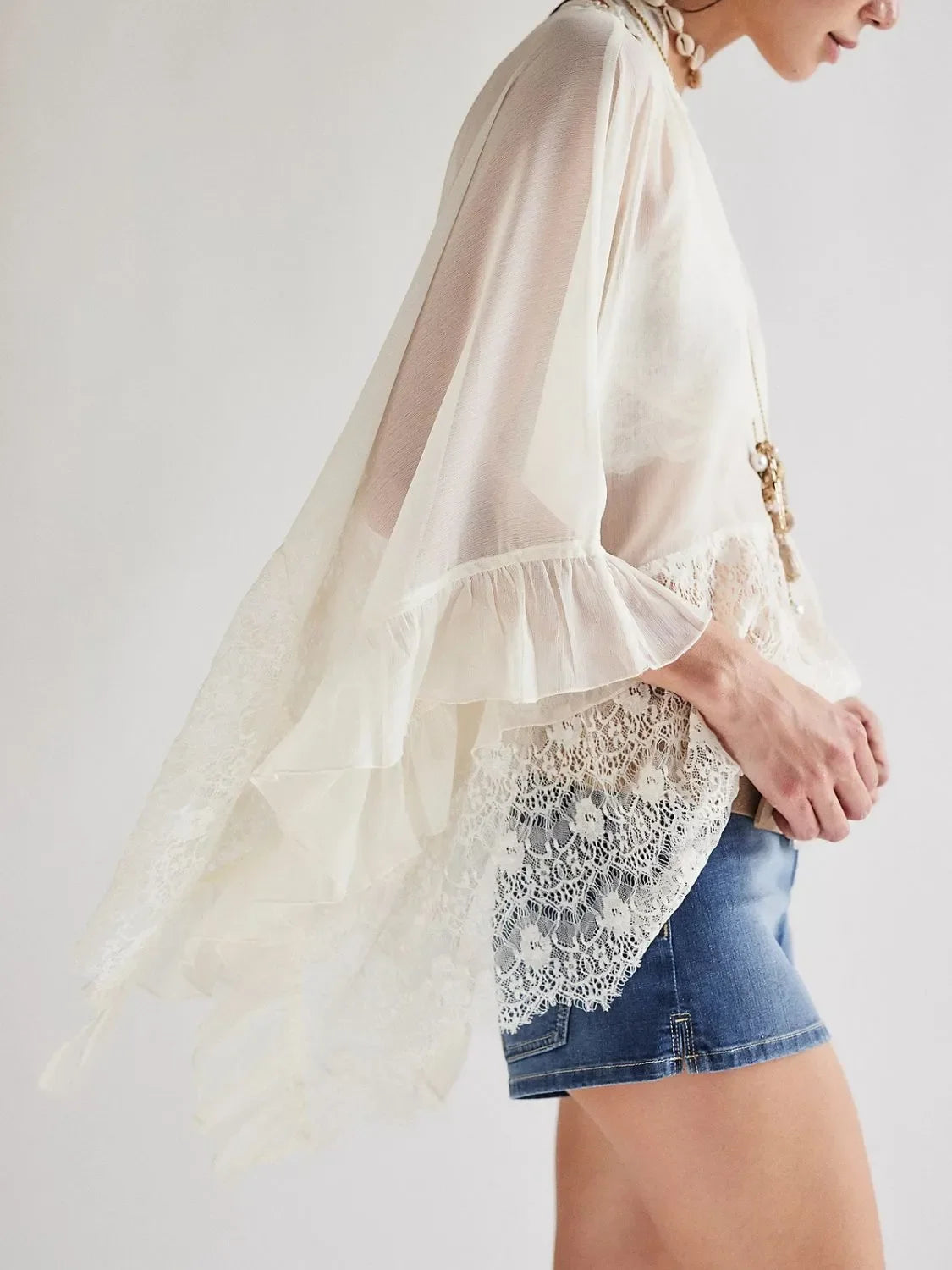 Lace V-Neck Ruffle Long Sleeve Beach Cover-Up - Southern Shores Clothing