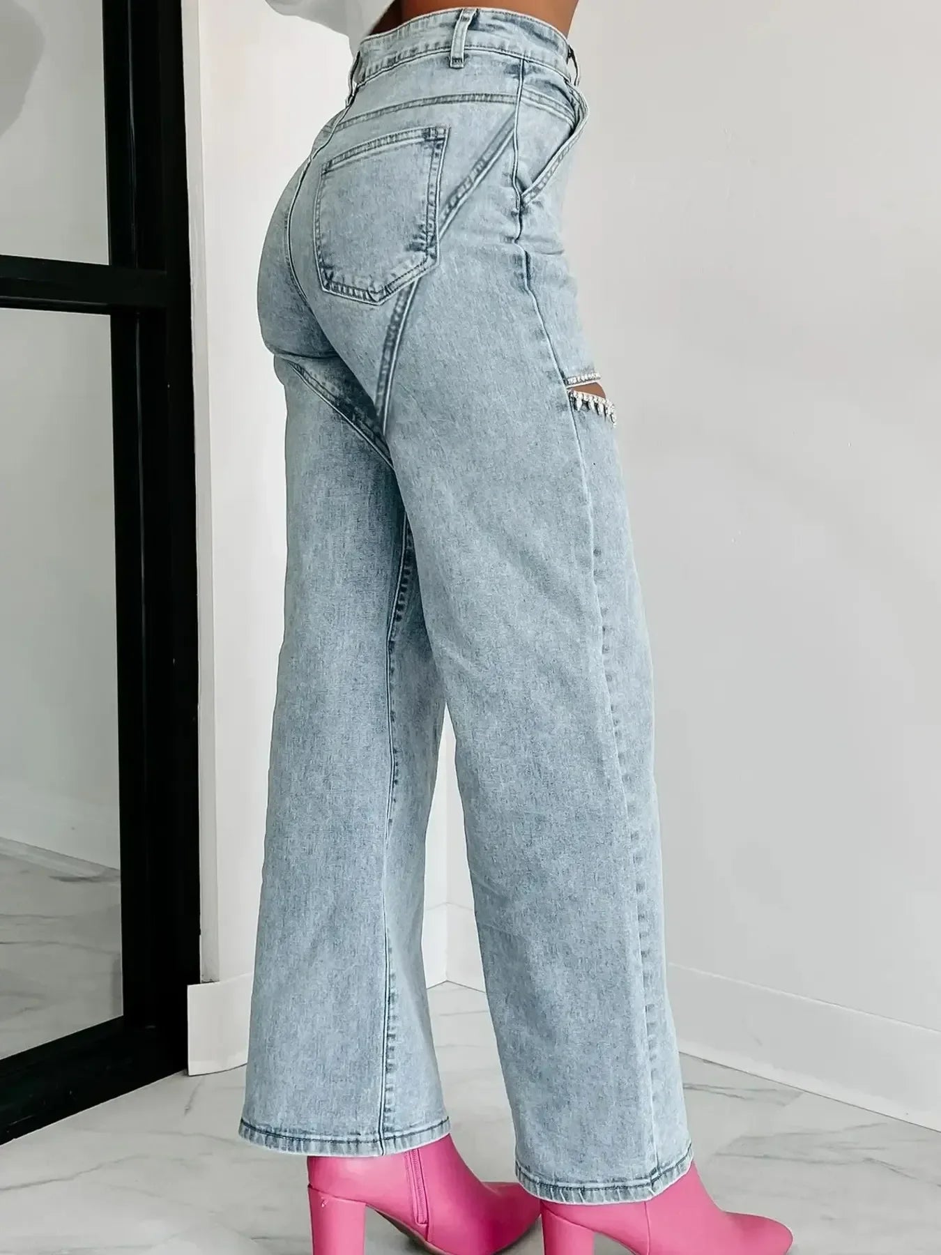 High Waist Cutout Wide Leg Denim Jeans Nautical Style - Southern Shores Clothing