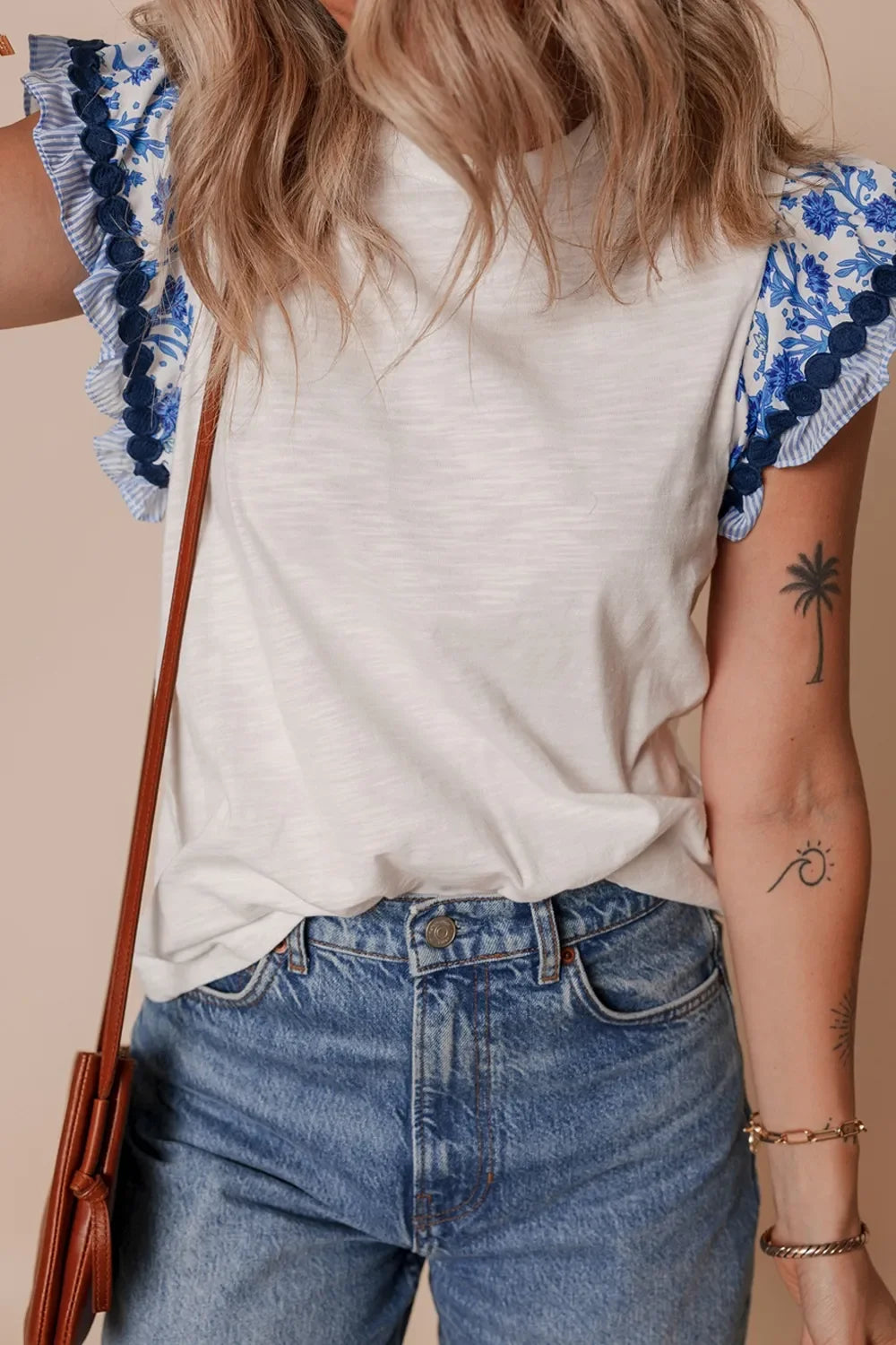 Round Neck Printed Ruffled Sheer Cap Sleeve Blouse Lightweight - Southern Shores Clothing