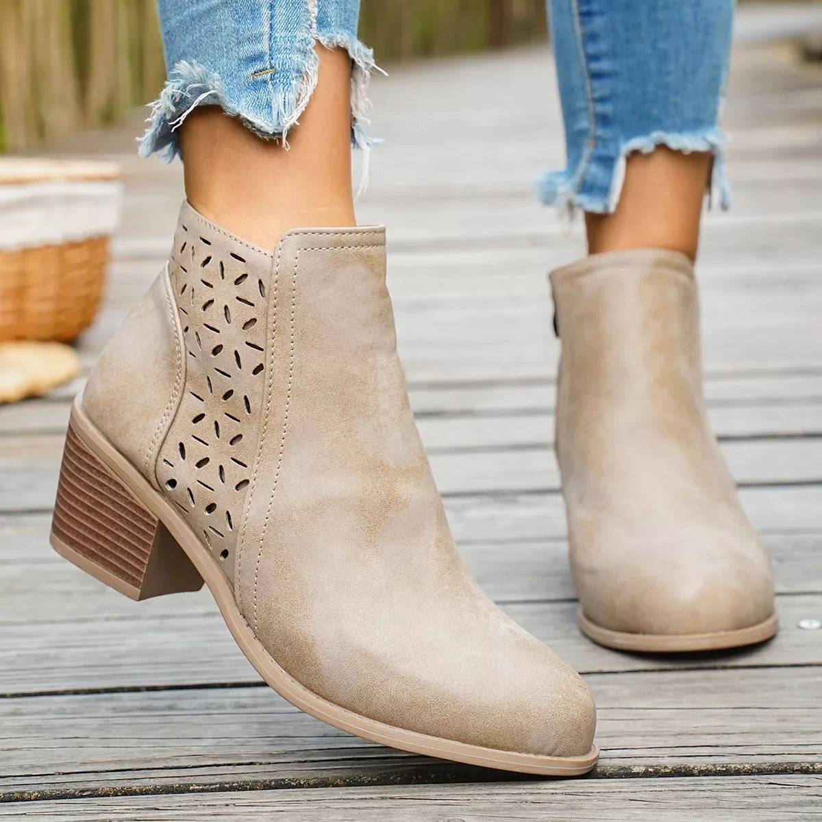 Round Toe Block Heel Ankle Boots Mid Heel - Southern Shores Clothing