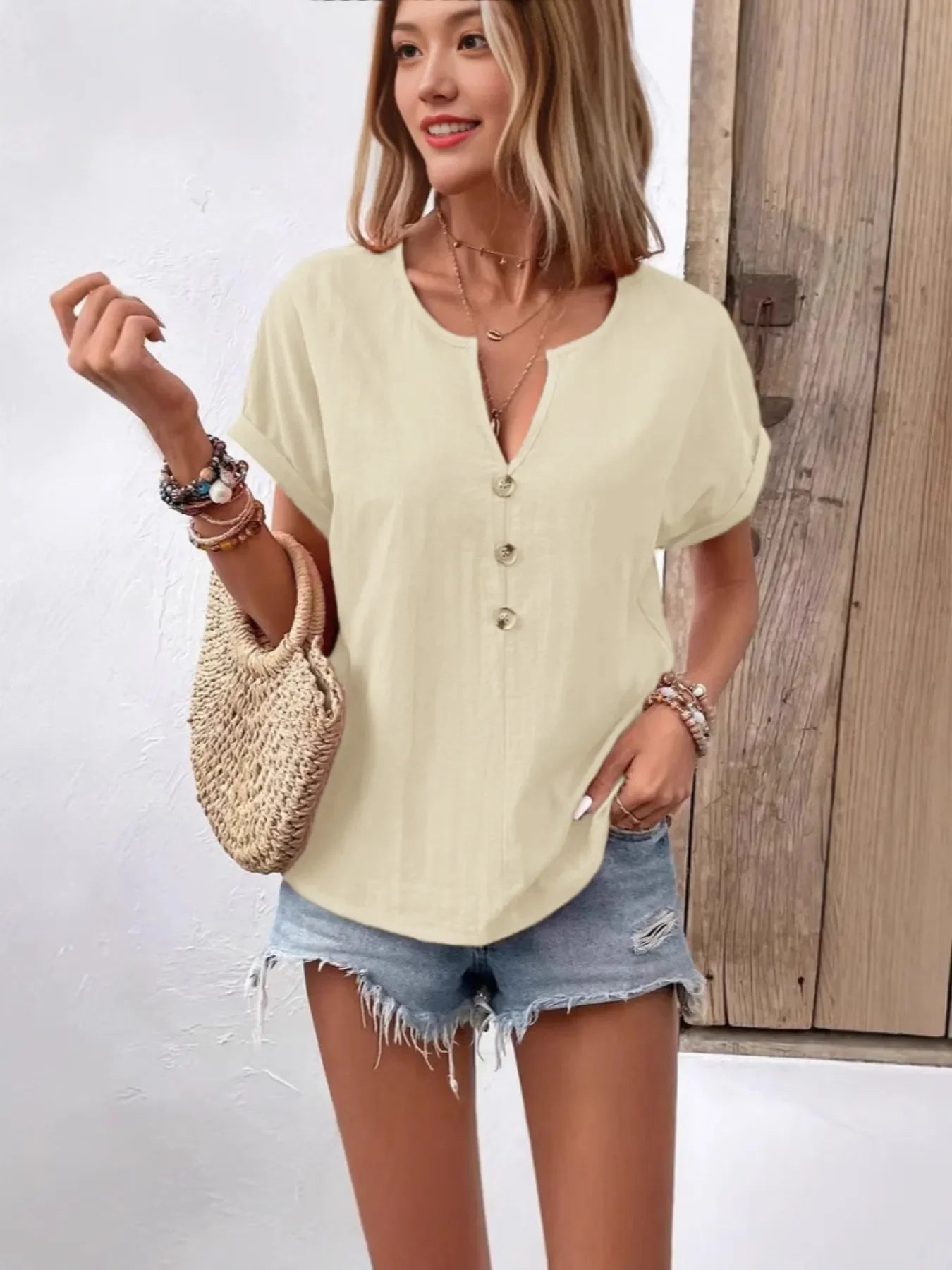 Plus Size Notched Short Sleeve T Shirt With Button Front - Southern Shores Clothing