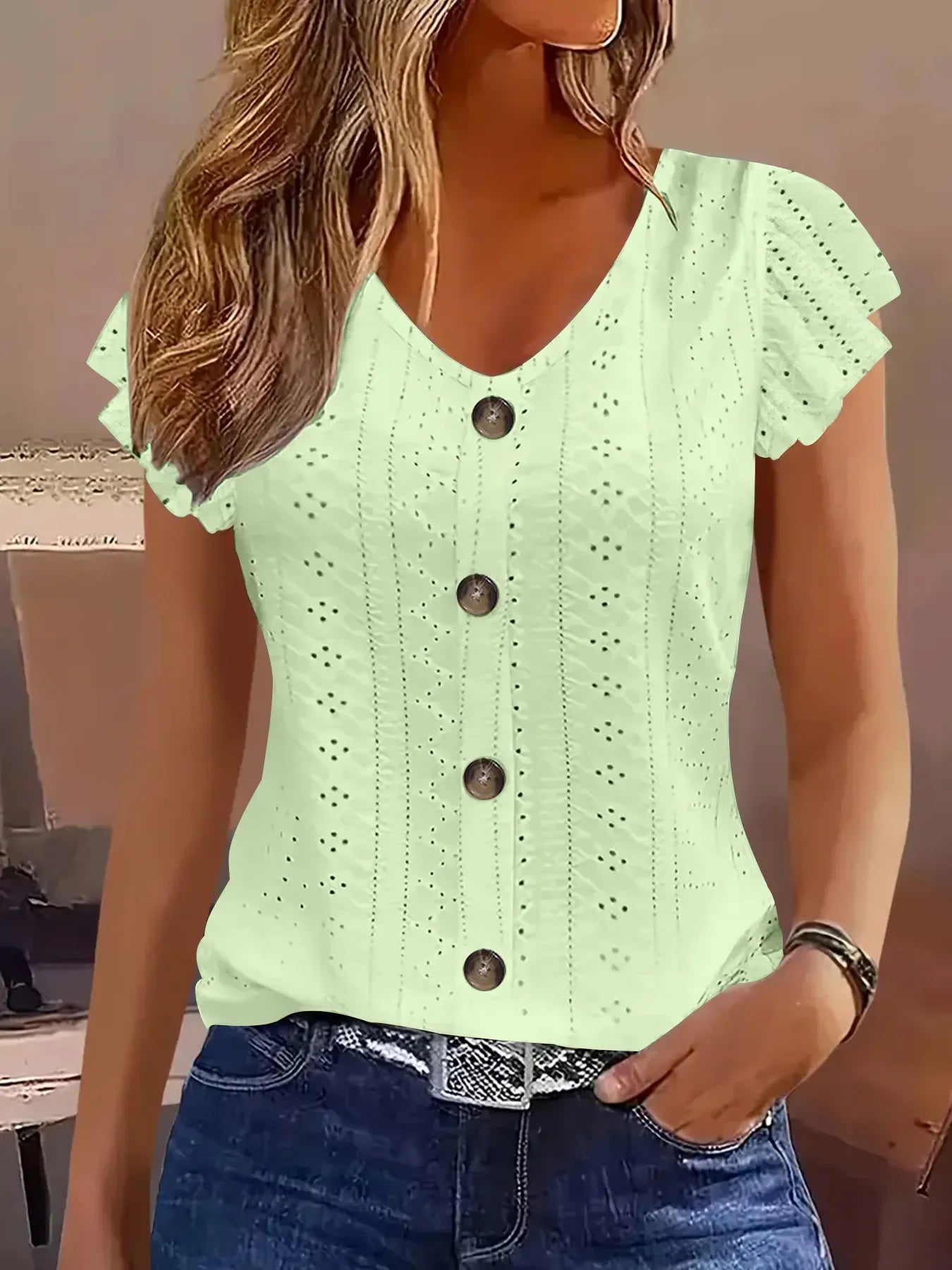 Eyelet Button-Front Flutter Sleeve Top With Stretch - Southern Shores Clothing