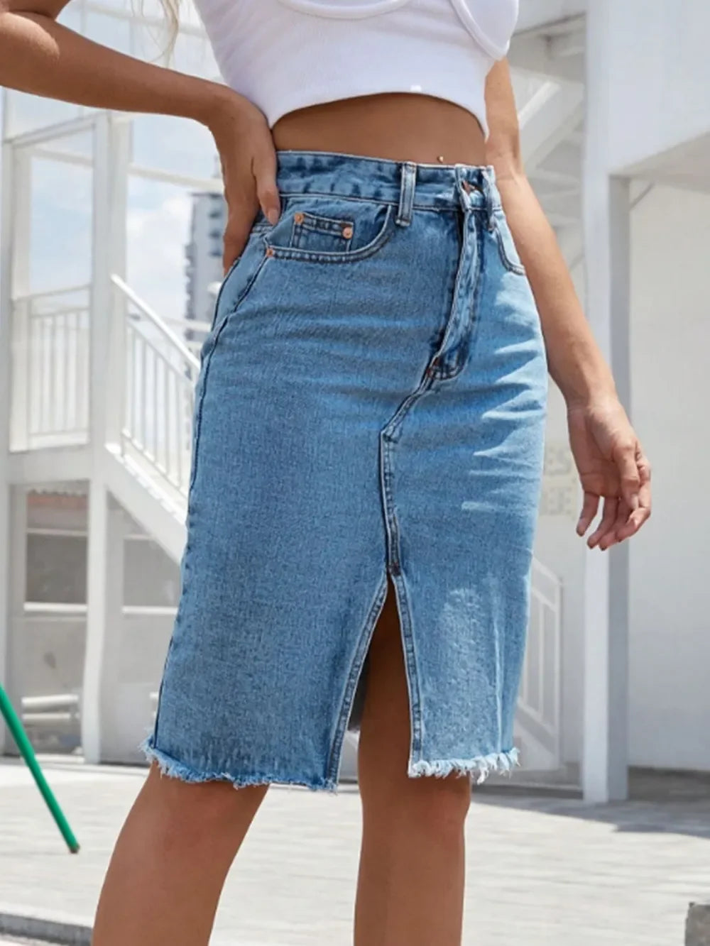 Stretchy Denim Slit Skirt With Raw Hem Detailing - Southern Shores Clothing