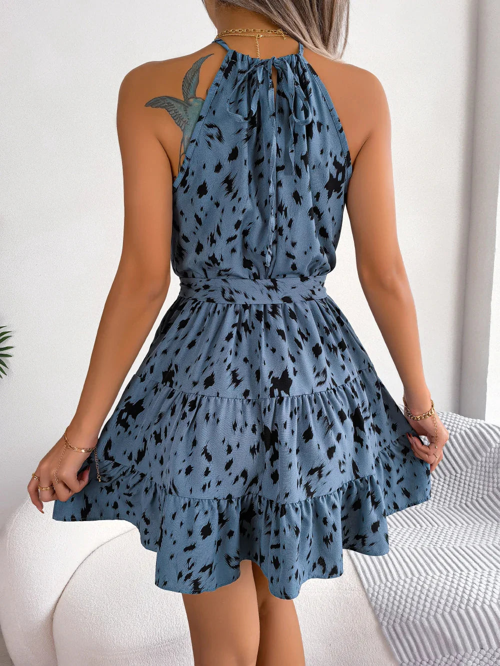 Halter Neck Printed Tie Waist Sleeveless Mini Dress - Southern Shores Clothing