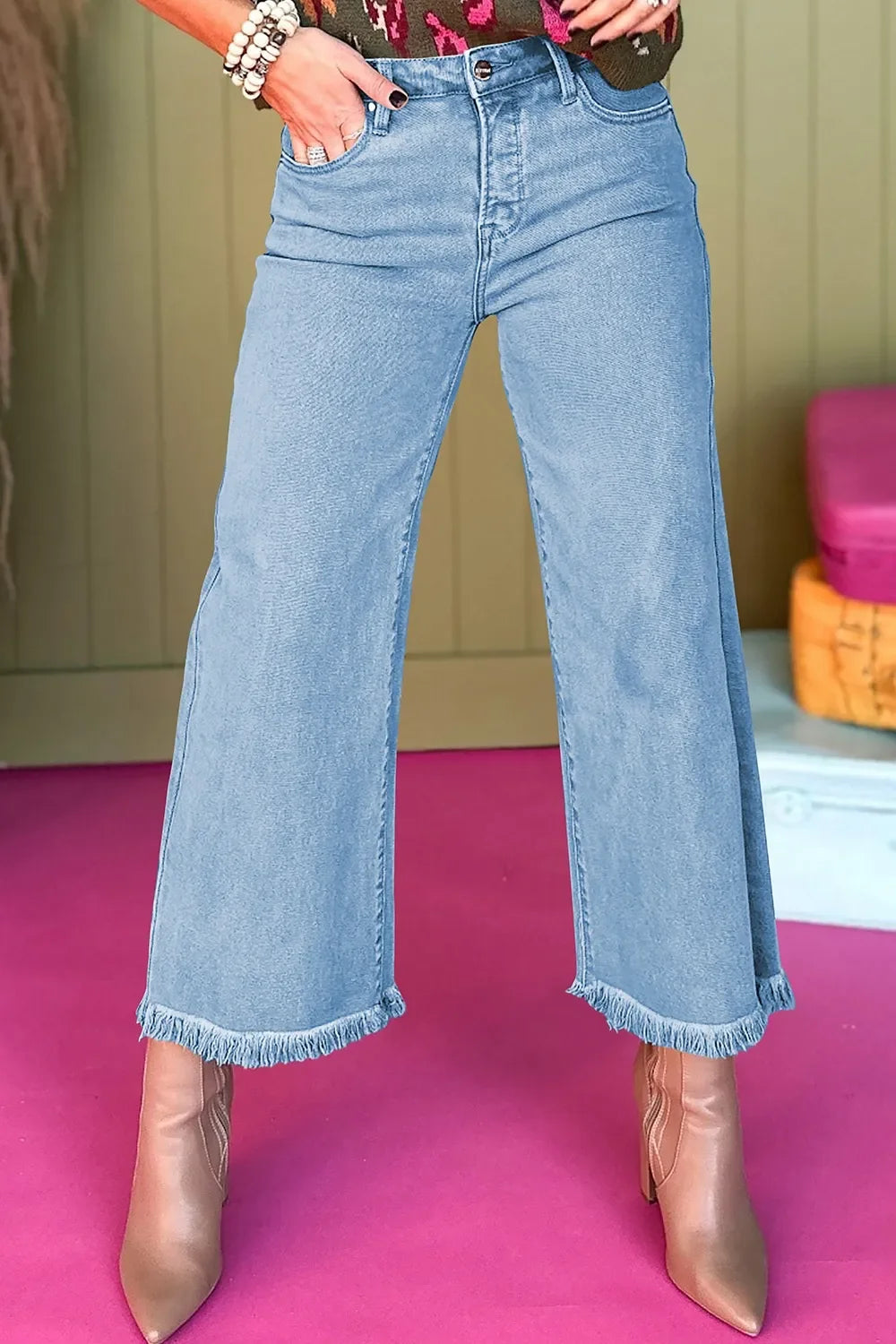 Coastal High-Waisted Wide-Leg Jeans Frayed Hem - Southern Shores Clothing