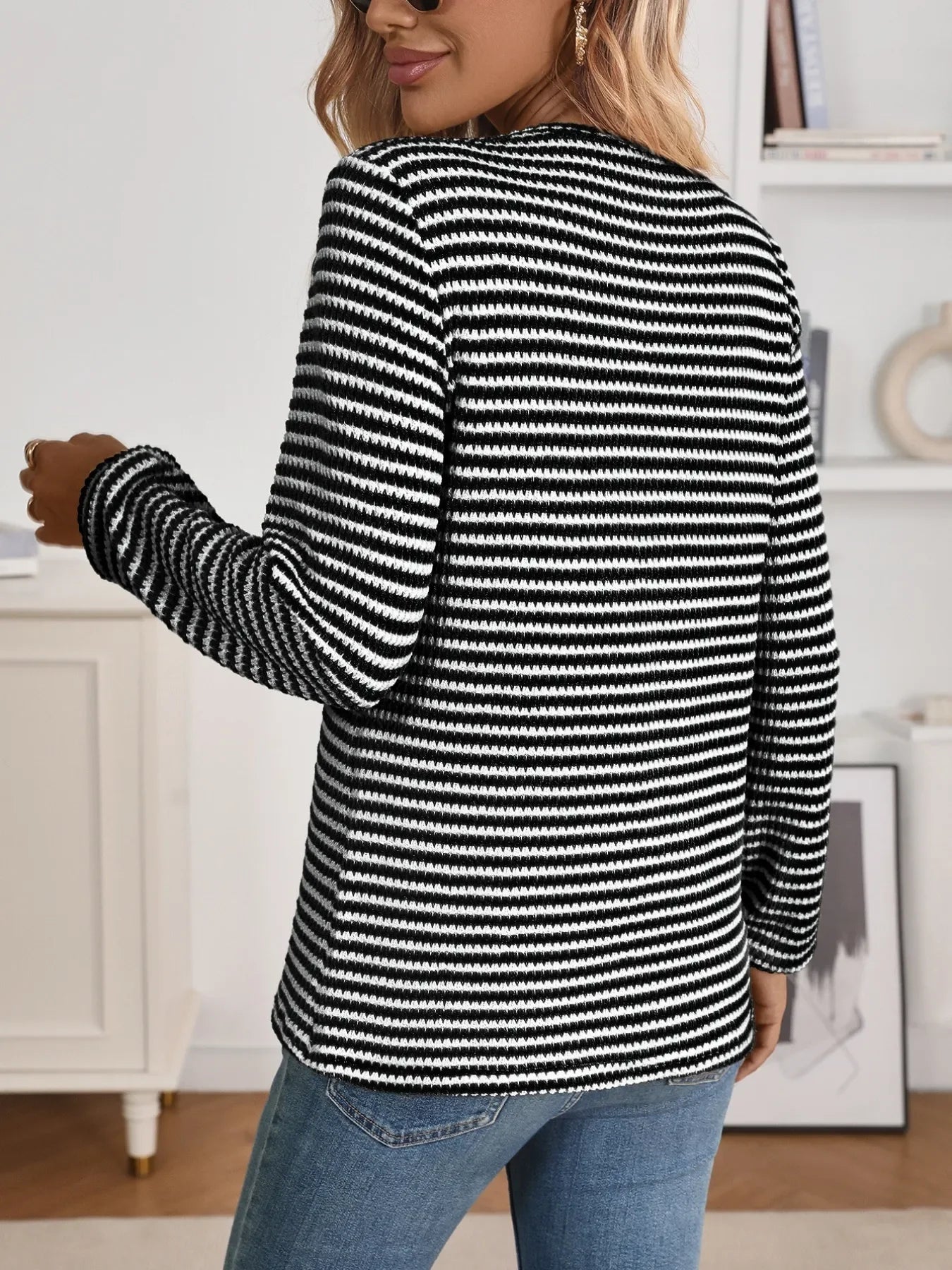 Striped Button Detail Long Sleeve Top - Southern Shores Clothing