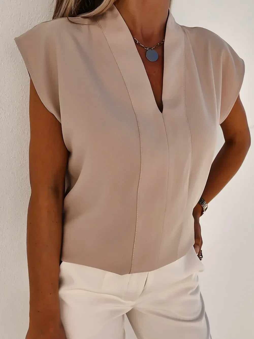 Southern Shores Clothing V-Neck Cap Sleeve Polyester Blouse For Casual And Everyday Outfits - Southern Shores Clothing
