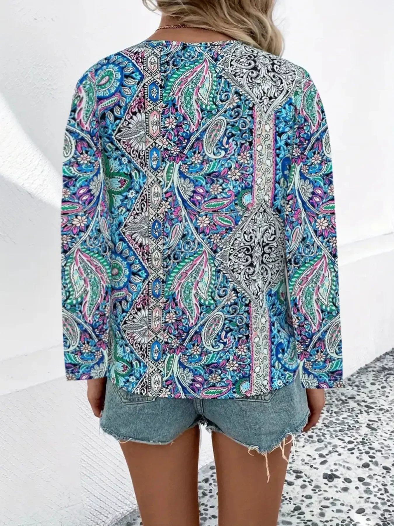 Paisley Print V Neck Long Sleeve Blouse Silhouette Classic - Southern Shores Clothing
