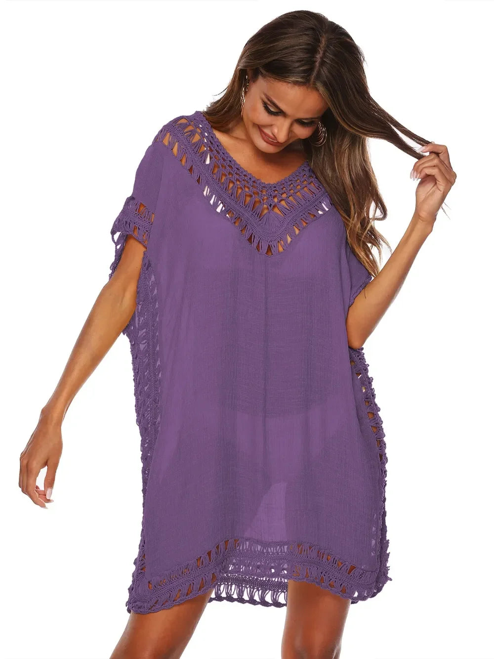 Cutout V-Neck Short Sleeve Cover-Up One Size - Southern Shores Clothing
